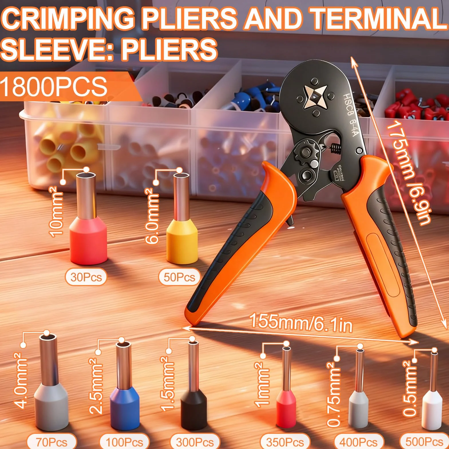 Pinza Crimpatrice, 1800 Pezzi Capicorda Elettrici a Crimpare, Set di Puntalini, 0,25-10mm², Kit Elettricista, Crimpatrice per Auto e Installazioni Elettriche