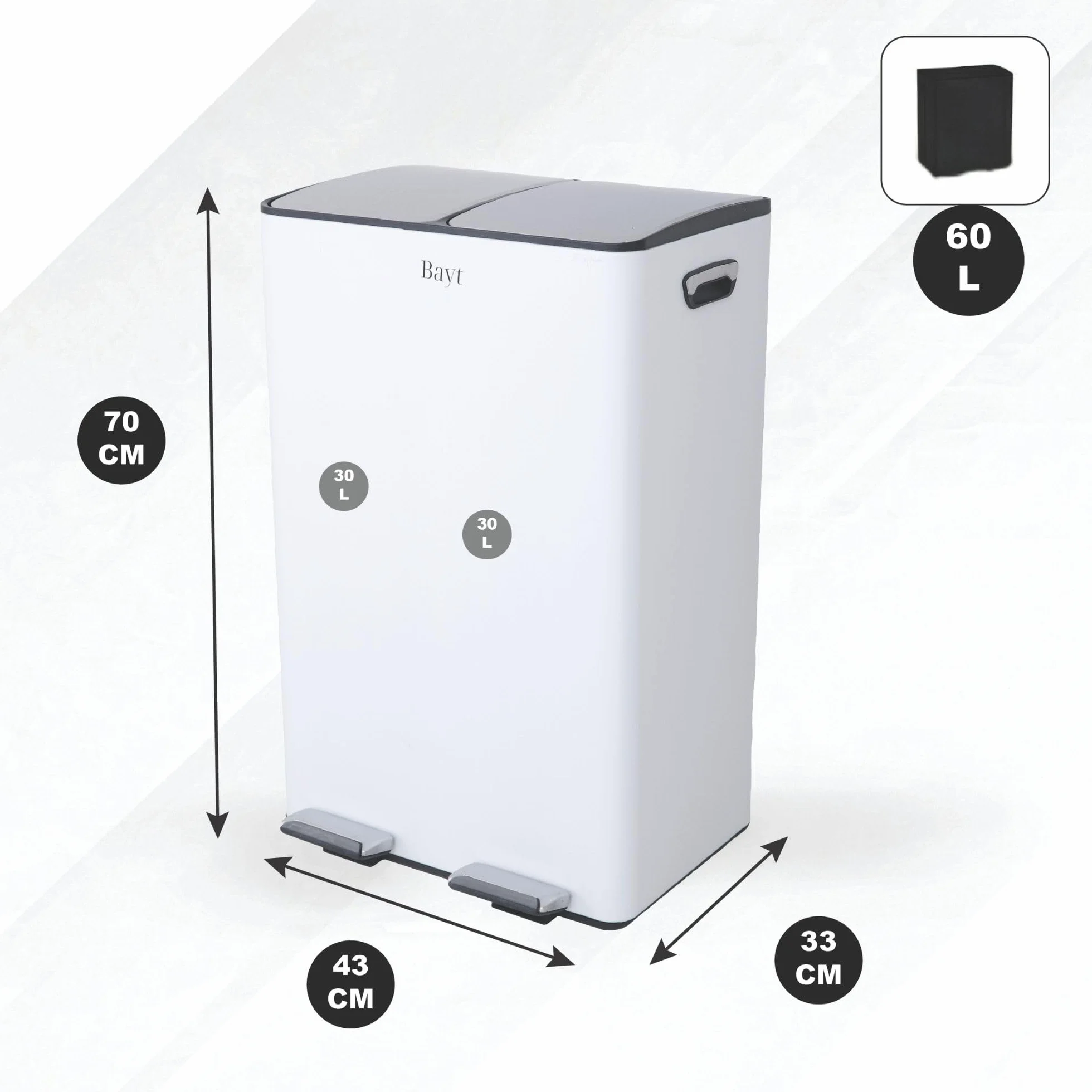 Bayt Cestino Della Raccolta Differenziata Da 60 L Per Cucina - Cestino Da Cucina A Doppia Vasca Con Pedale E 2 Secchi Interni Da 30 L | Cestini Per Rifiuti In Acciaio Inossidabile Da 60 Litri