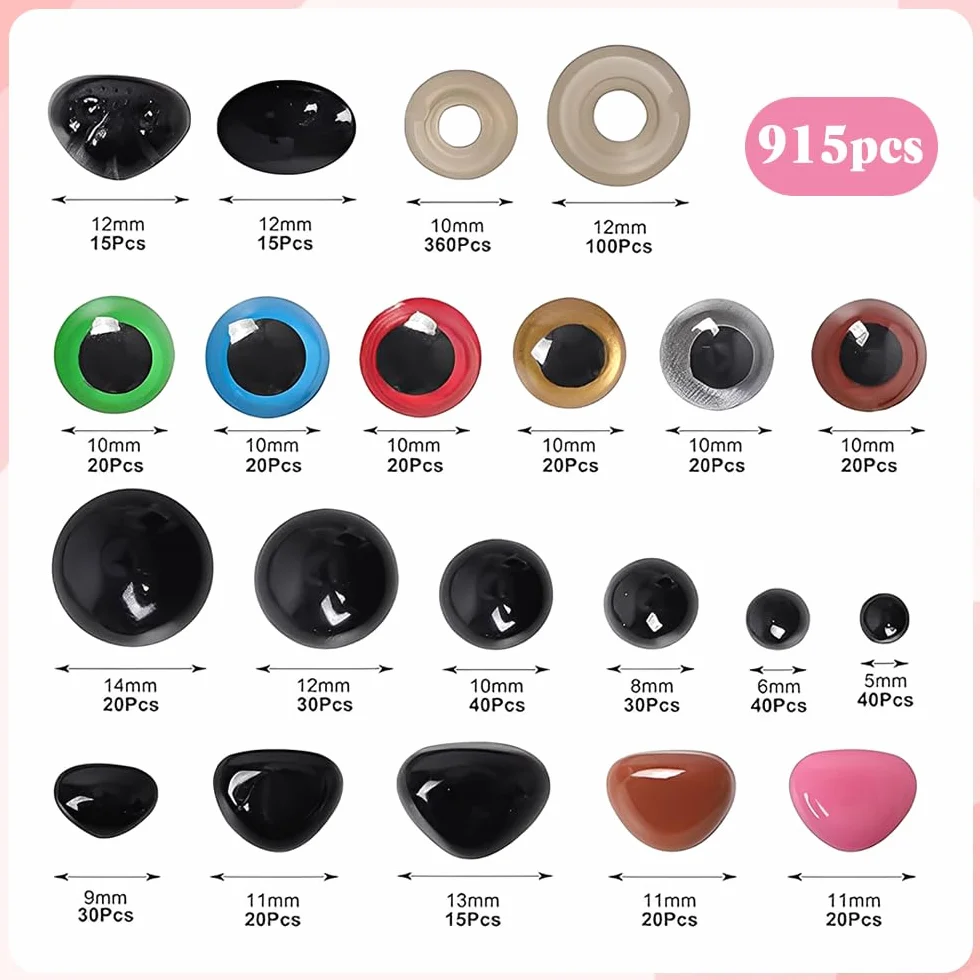 915 Pezzi Occhi di Sicurezza per Amigurumi 6-14 MM,Occhi e Naso per Uncinetto,Occhio Plastica per Pupazzi con Rondelle,Safety Eyes,Occhio Bambola per Lavoretti Colorati per Peluche Fai Da Te