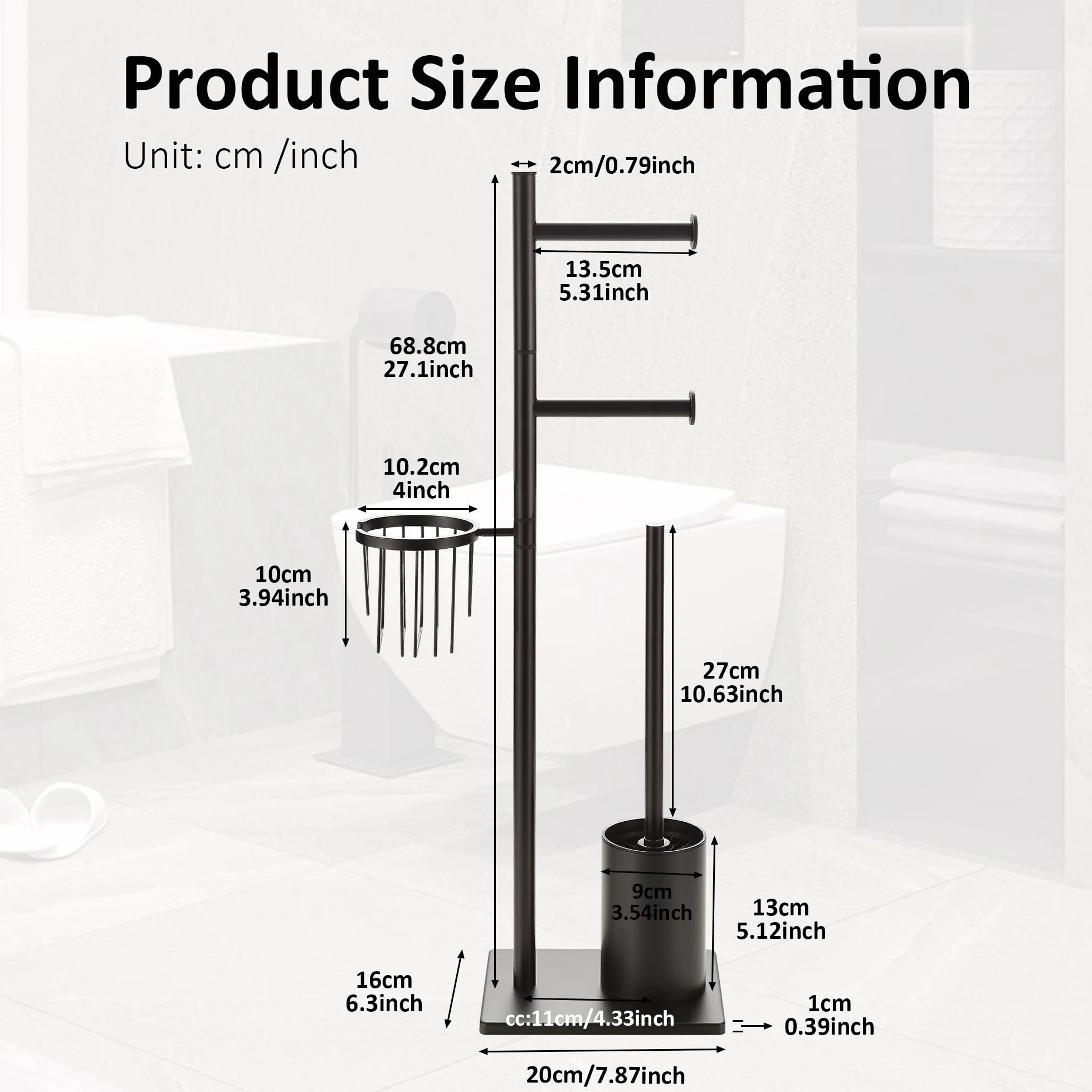 Porta carta igienica set in acciaio inox Nero, autoportante, completo di scopino WC e cestino porta oggetti, perfetto per organizzare il bagno con eleganza e praticità