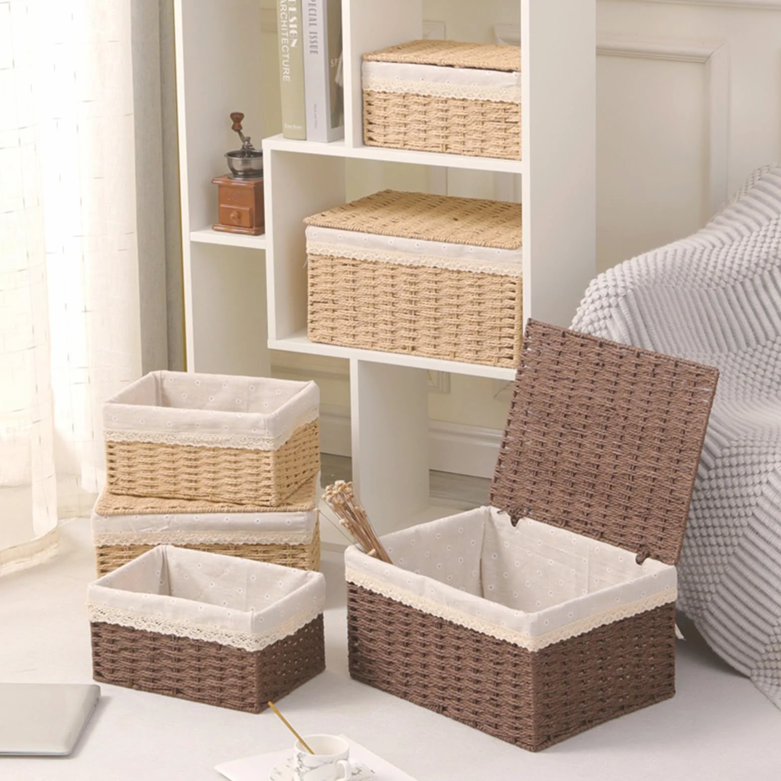 Set di 3 Cestini Portaoggetti Intrecciati a Mano con Coperchio - Corde di Carta Riciclata e Fodera Lavabile - Organizer Multifunzione per Bambini, Bagno, Cucina - Stile Boho Decor (Beige)