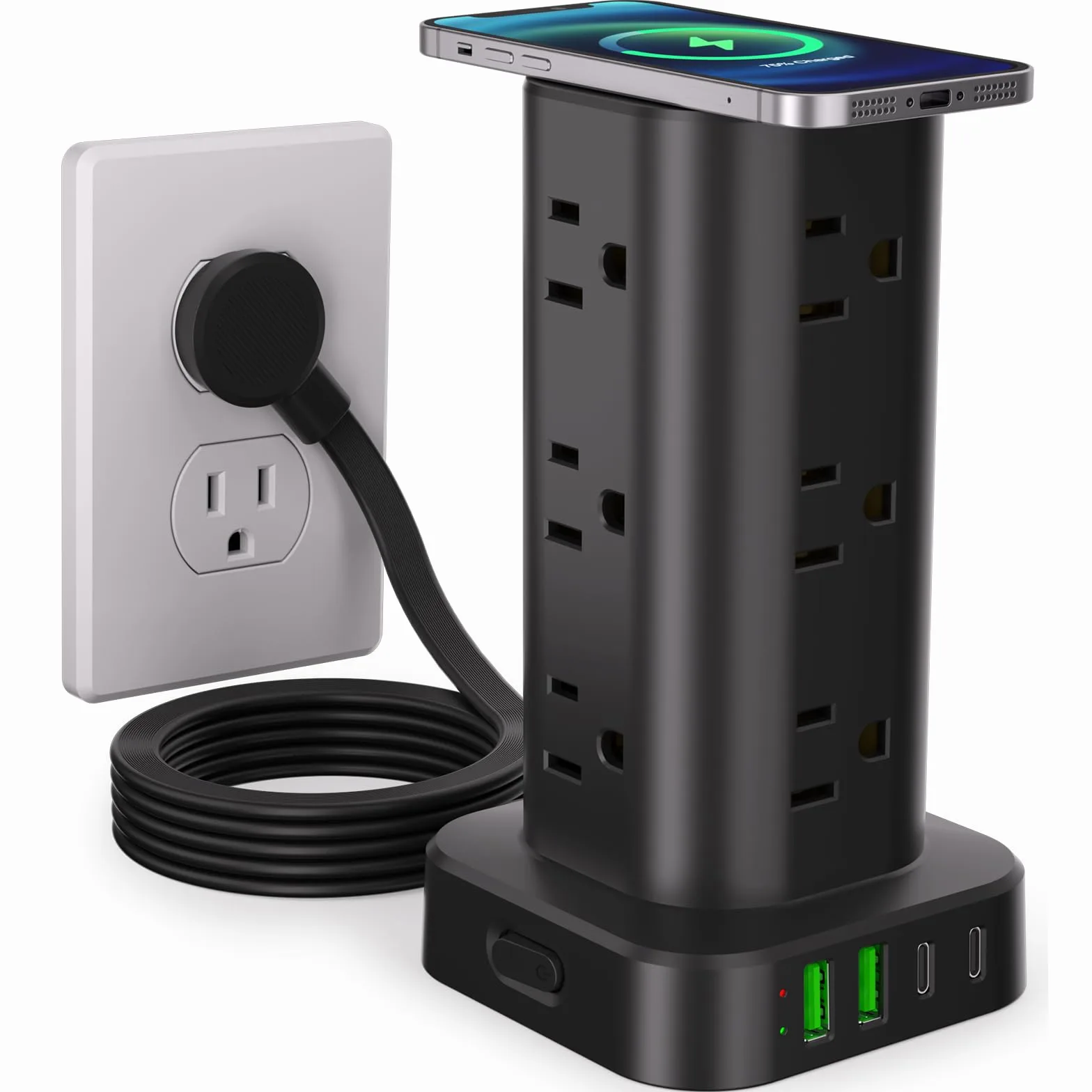 Ciabatta con caricabatterie wireless, protezione da sovratensioni a spina piatta con prolunga da 1,8 m, 12 prese multiple AC, 4 USB (2 USB C), Power Tower