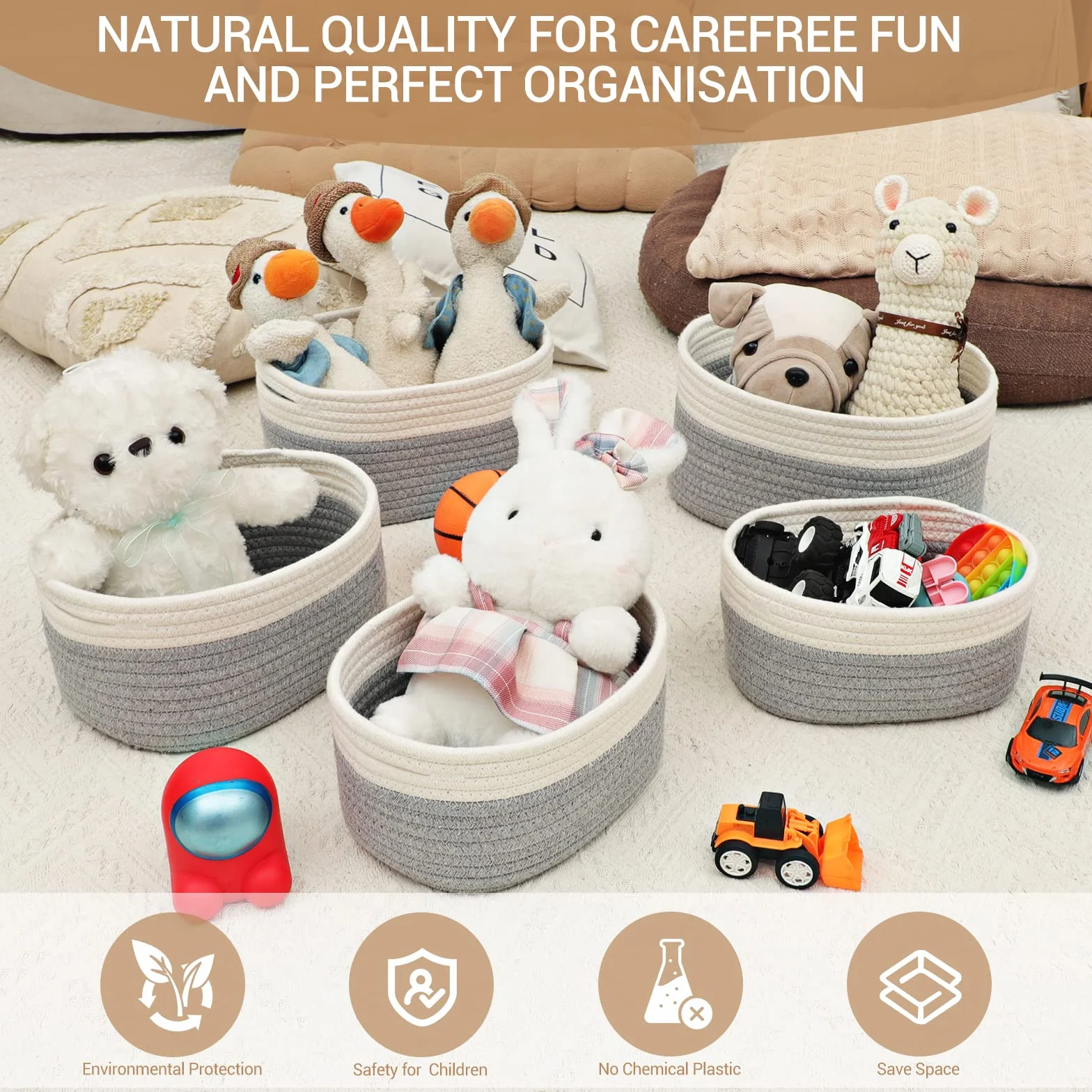 Lannvan Set di 5 Cestini Portaoggetti,Cestino Portaoggetti Intrecciato in Corda di Cotone per Bambini Bambina,Impilabile Organizer Fasciatoio,Cesto Portaoggetti Ceste Portaoggetti per Bagno