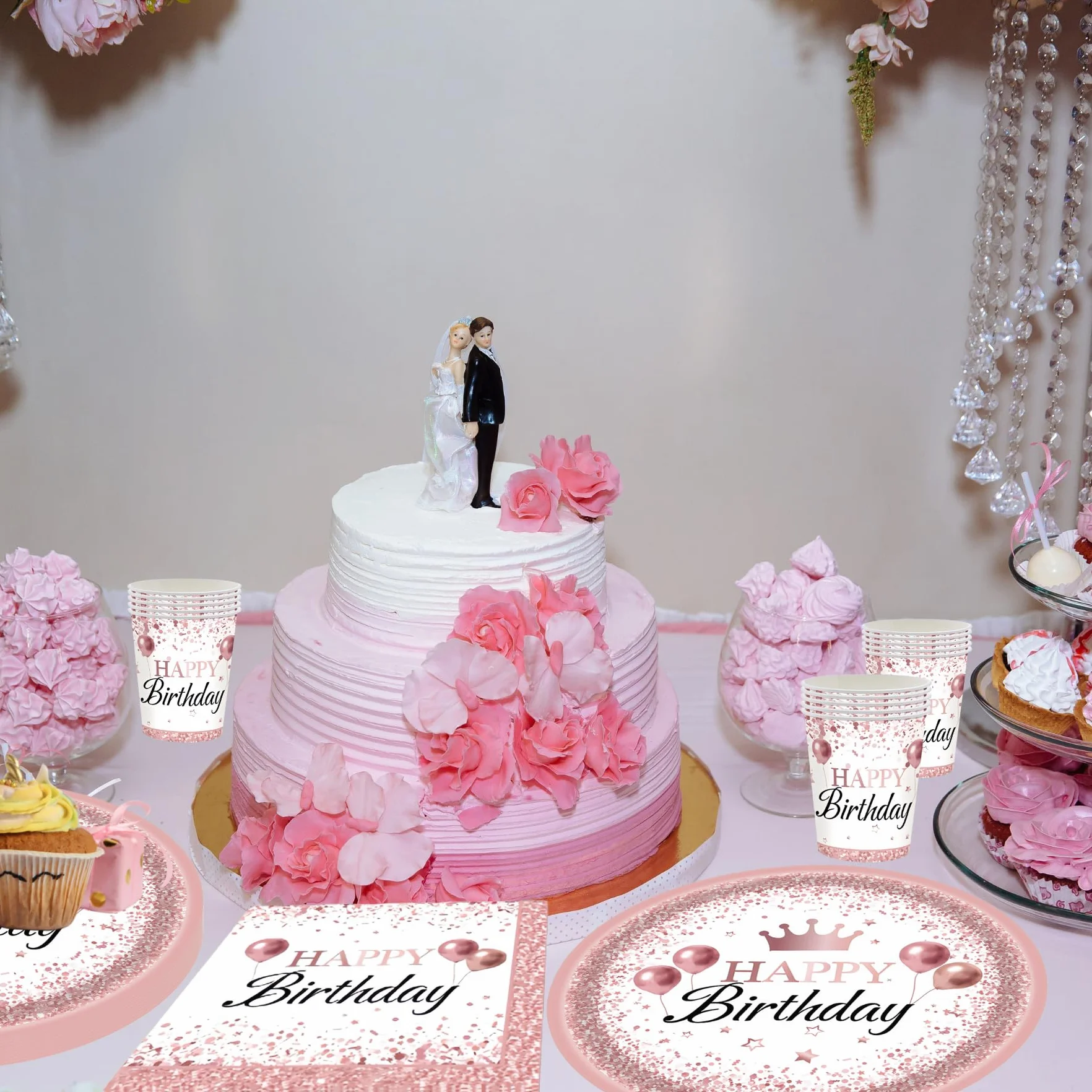 Happy Birthday Set per feste 16 ospiti Oro rosa Piatti bicchieri tovaglioli compleanno