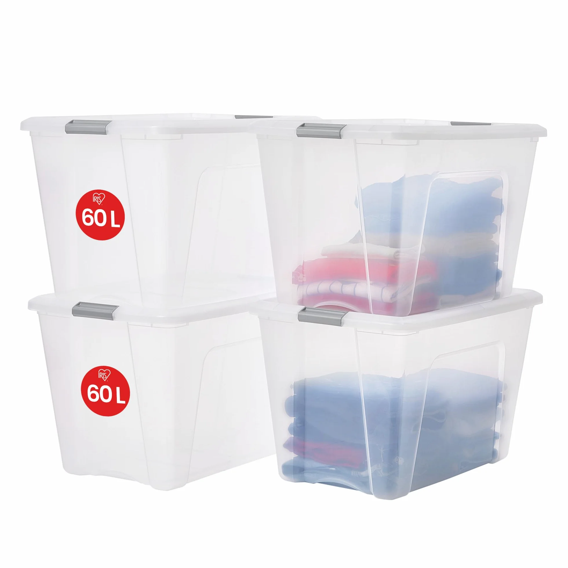 Iris Ohyama, Lotto di 4 scatole portaoggetti in plastica con coperchio, Grandi scatole portaoggetti impilabili, 60 L, senza BPA, Lavanderia, Ufficio, Trasparente/Maniglie Argento, L39,5 x P58 x