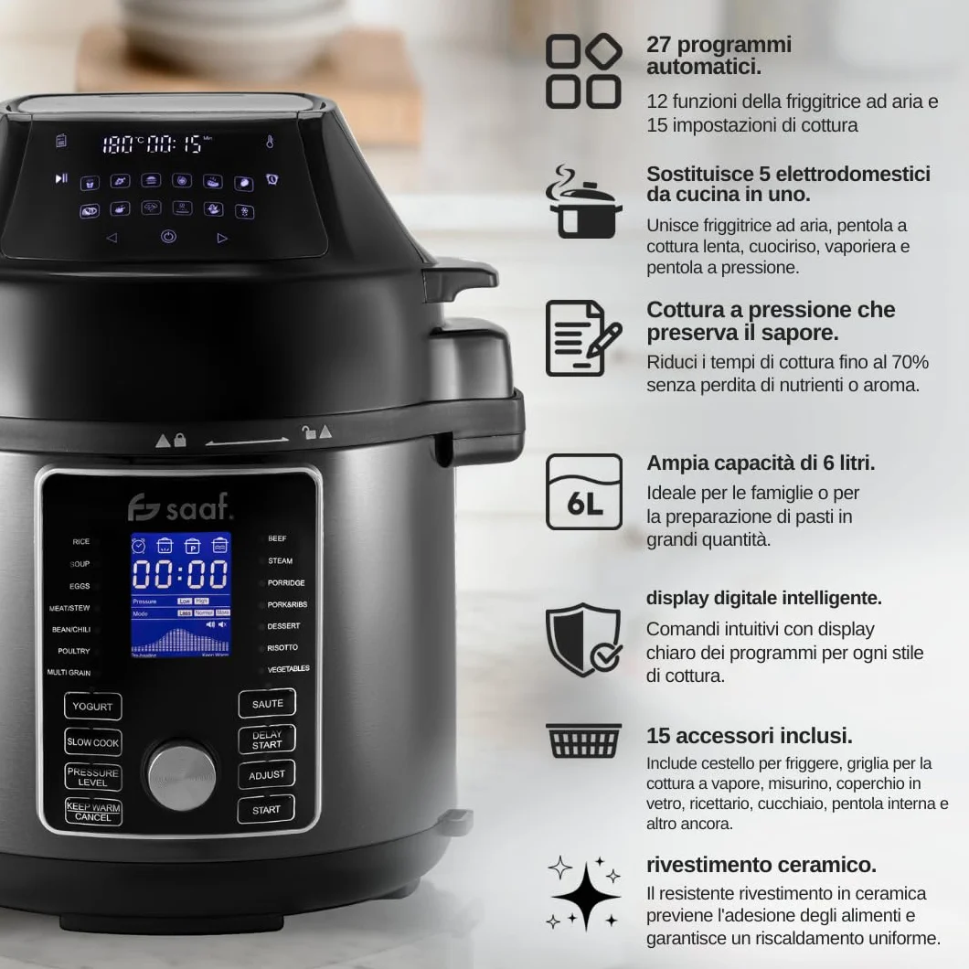 Saaf Multicooker con Airfryer – Set da 15 Pezzi – 24 Programmi – Slowcooker, Cuociriso, Vaporizzatore & Pentola a Pressione – 6L – Include Cestello, Pentola & Ricettario – Display Digitale