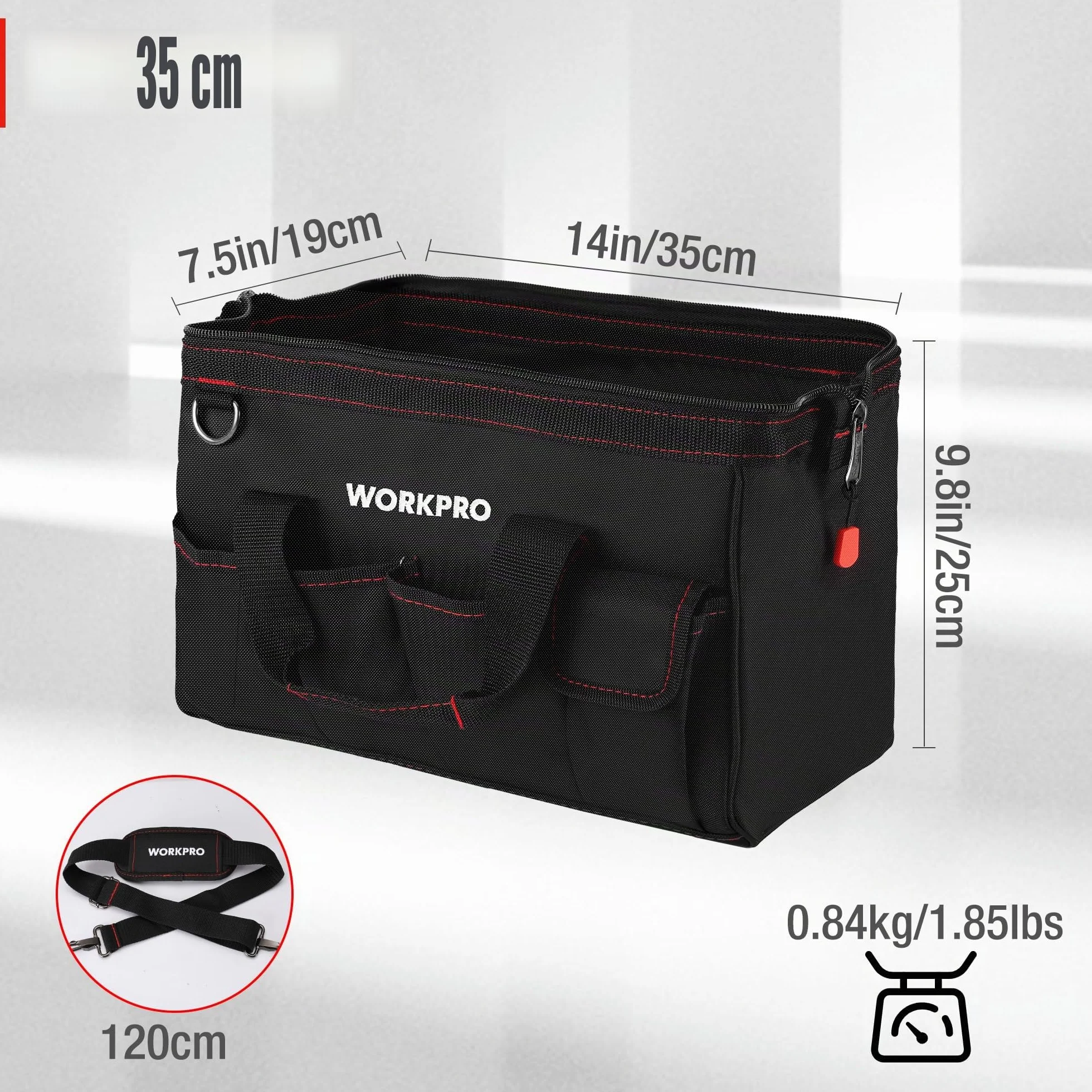 Workpro Borsa porta utensili 14’’ ad apertura larga con base anti-umidità