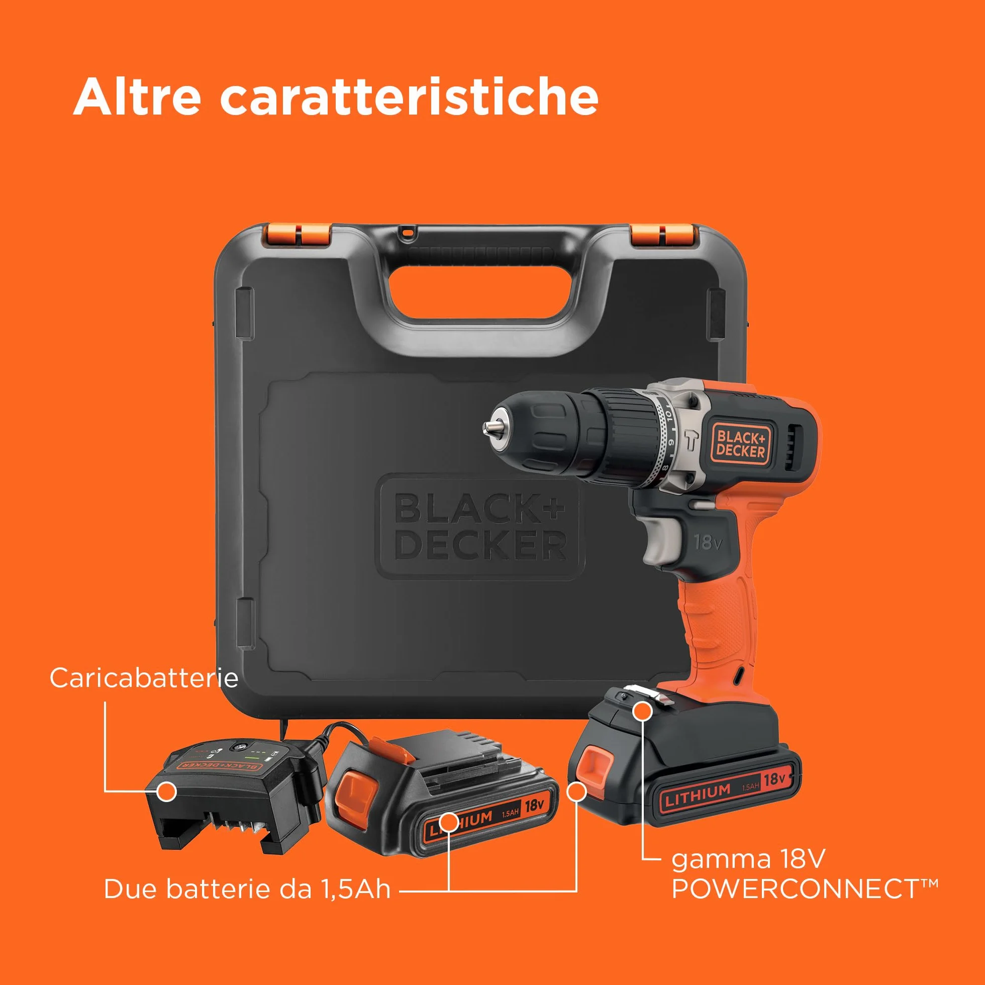 BLACK+DECKER Trapano a percussione a batteria da 18V a 2 velocità con due batterie da 1,5Ah e caricatore da 400mA, coppia di 45Nm, luce da lavoro a LED, BCD003C2K-QW
