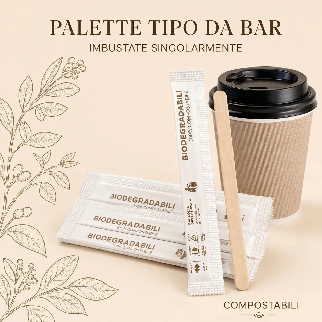 Palette Caffè Monouso in Legno Biodegradabili Compostabili Resistenti al Calore 1000 Pezzi
