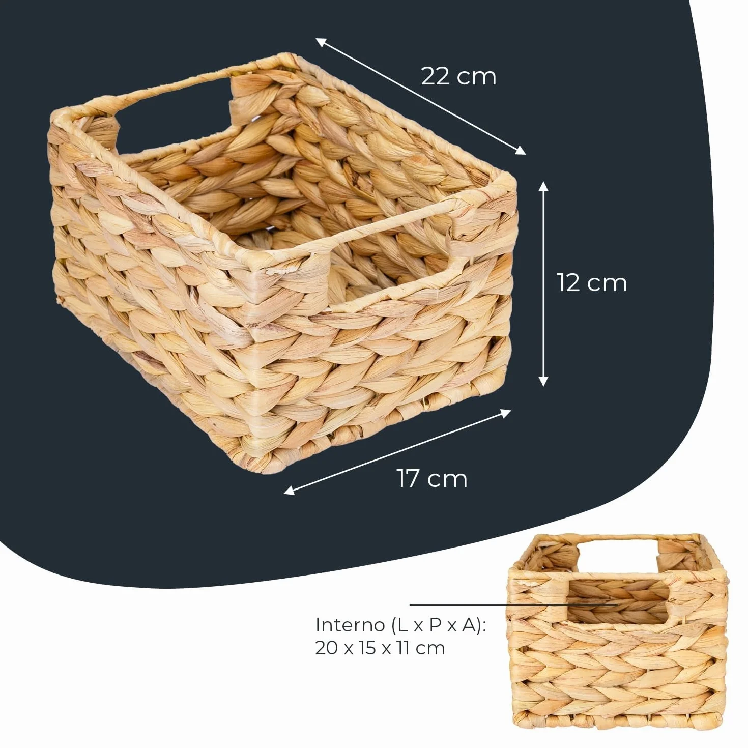 Cestino portaoggetti HMF intrecciato in giacinto d’acqua, decorativo con manici, Set da 4, 22x17x12 cm, Naturale