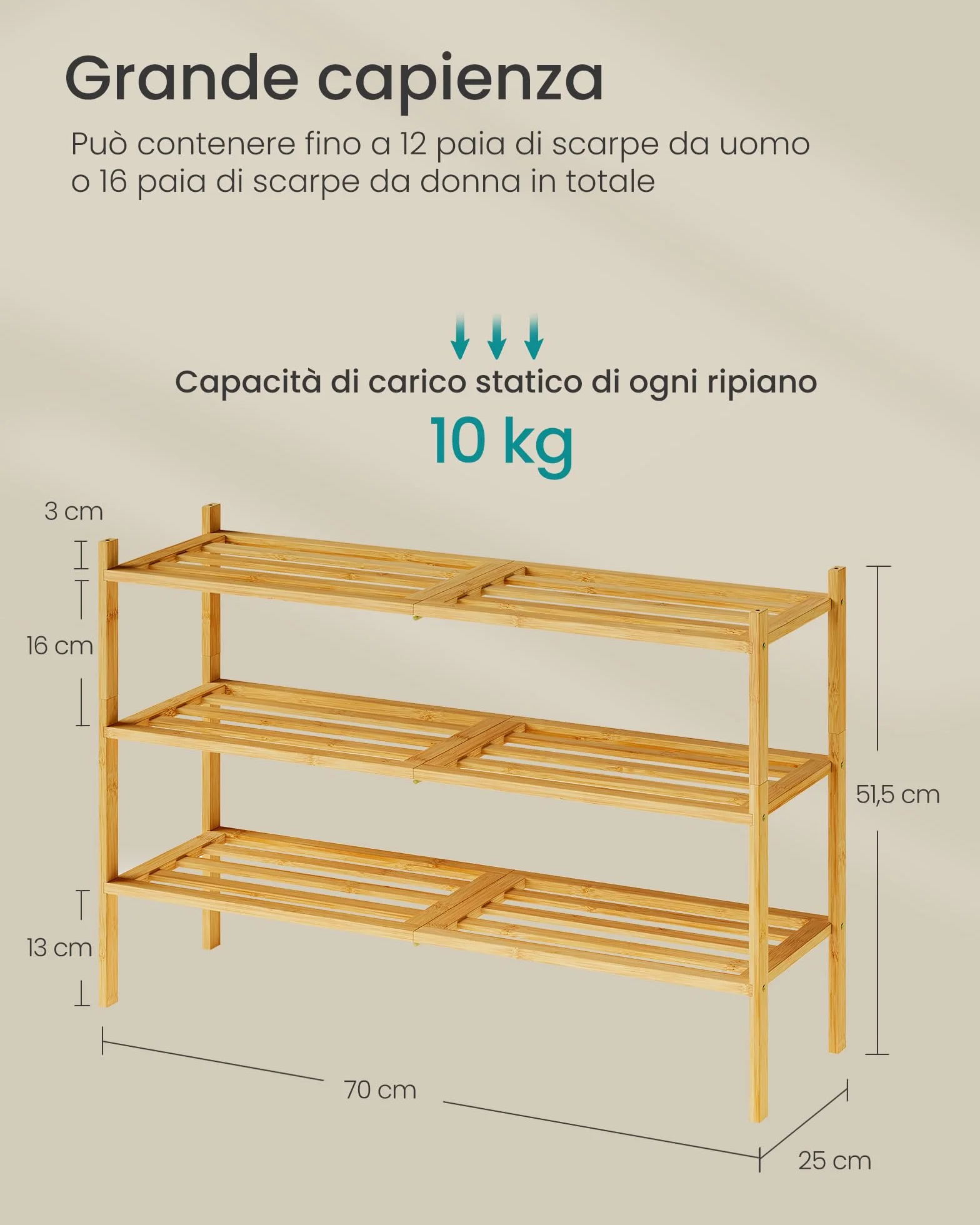 SONGMICS Scarpiera in Bambù, 3 Ripiani, Impilabile, Slim, Scaffale per Ingresso Soggiorno Camera da Letto Garage, per 12-16 Paia di Scarpe, 25 x 70 x 51,5 cm, Colore Naturale LBS053YL01