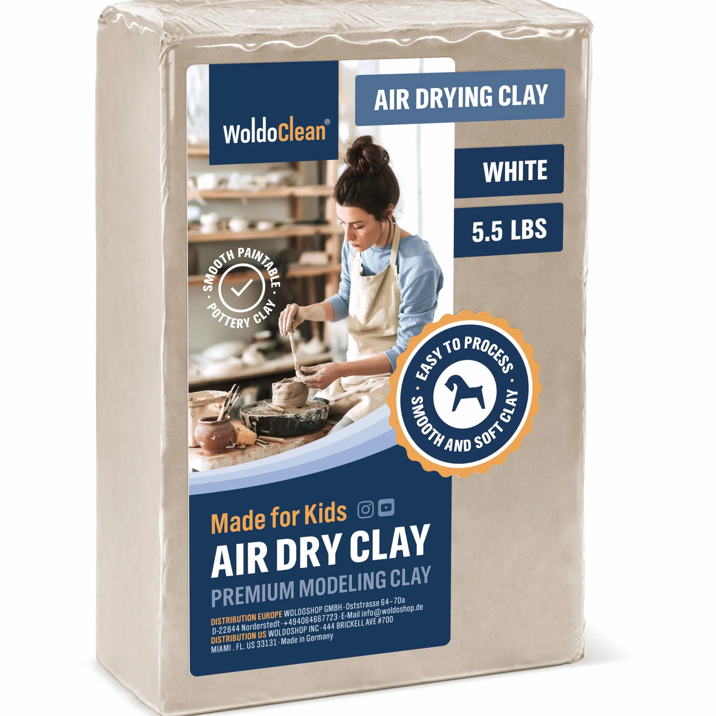WoldoClean Argilla da Modellare Autoindurente Bianca - 2,5 kg Pasta Modellabile Senza Cottura - Panetto di Creta Air Dry Clay Resistente alle Crepe per Ceramica a Freddo & Scultura