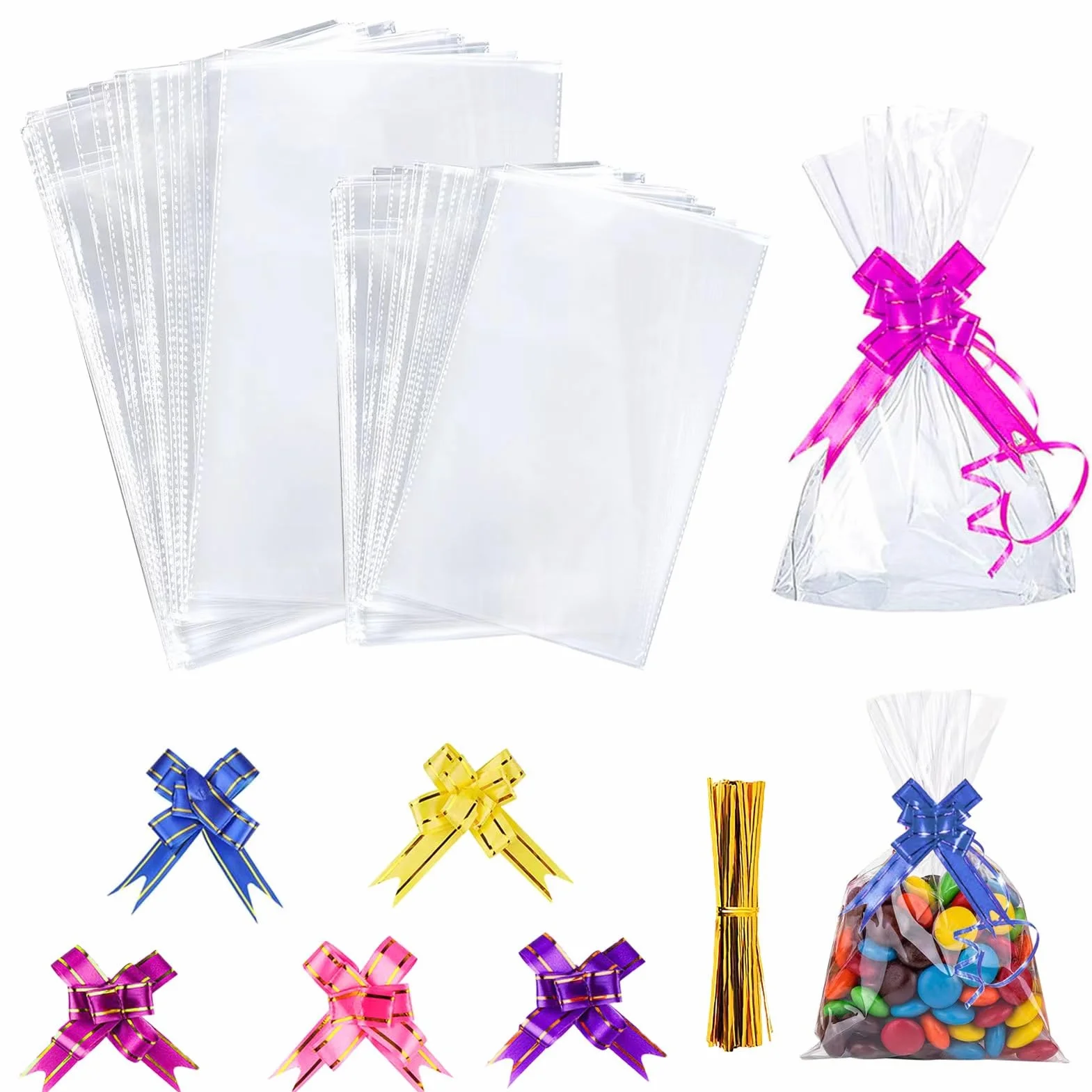 Sacchetti di Cellophane 100 Pezzi - Sacchetti Regalo Trasparenti di 2 Misure Con 100 Fiocchi di Colori Misti e Lacci per l'Imballaggio