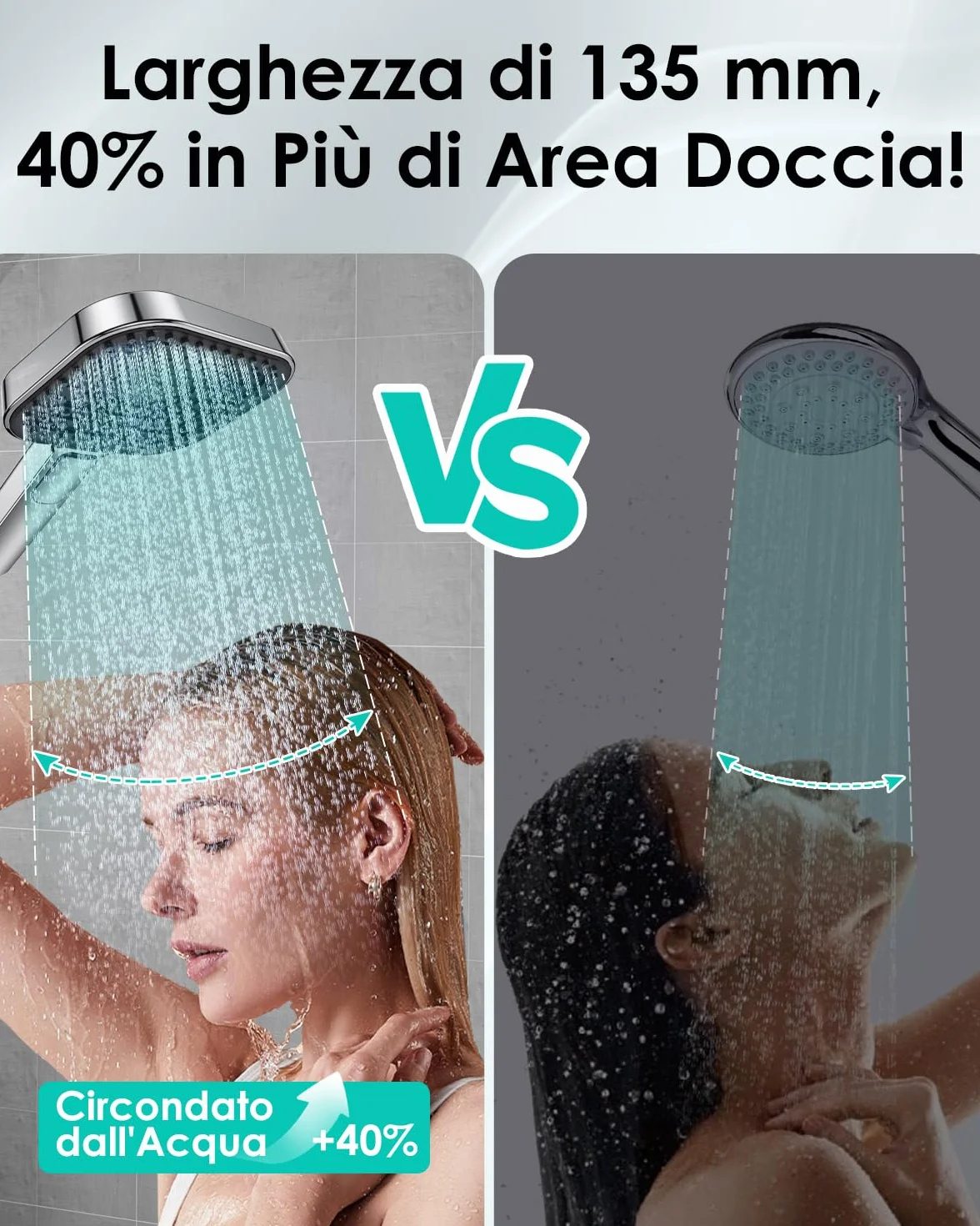 Soffione Doccia Anticalcare, Doccino per Doccia Alta Pressione, Doccetta Grande 135 mm 【Silicone Qualità Alimentare】, 【Risparmio idrico 43%】, Telefono Doccia 3 Modalità di Getto, Cromato (senza tubo)