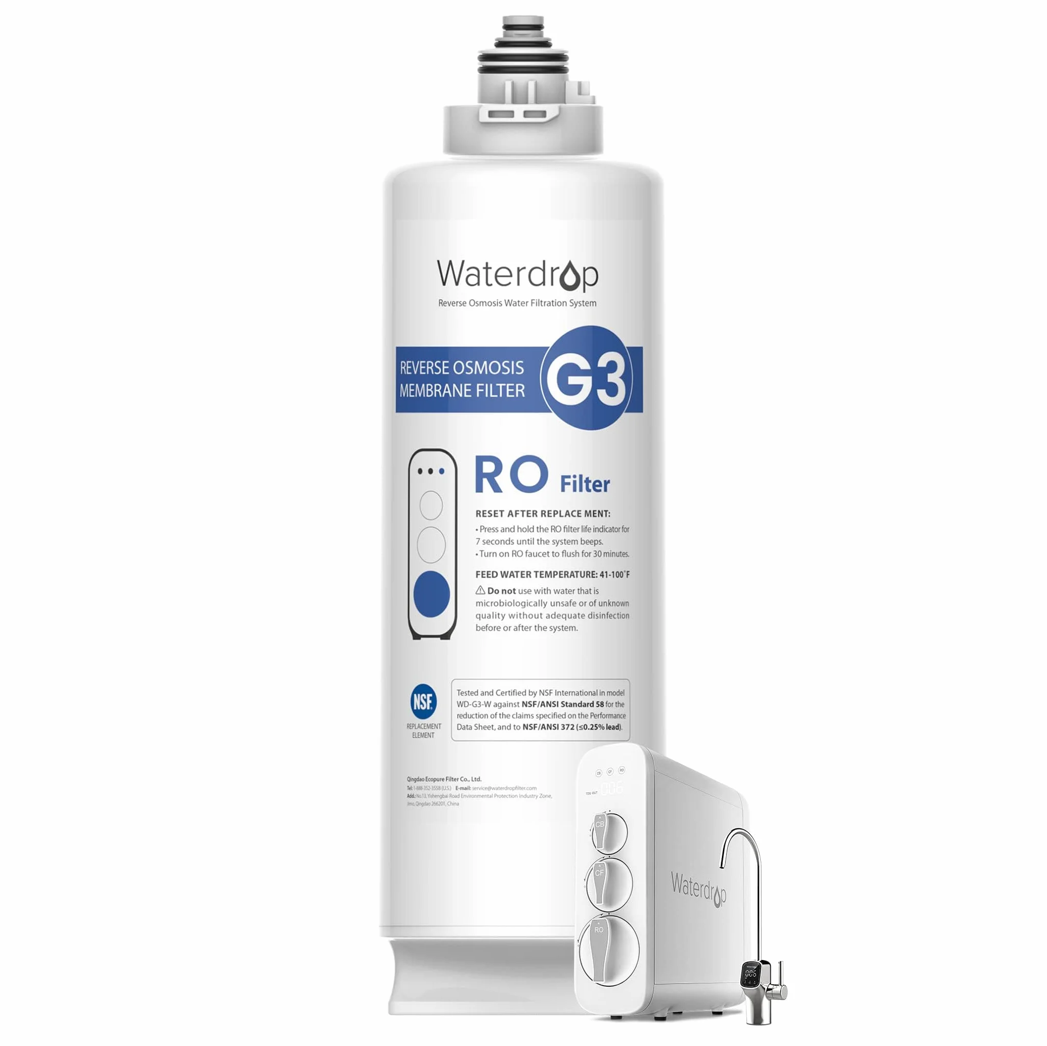 Waterdrop WD-G3-N2RO Filtro, Certificato NSF, Ricambio per il Sistema a Osmosi Inversa WD-G3-W, 2 Anni di Vita