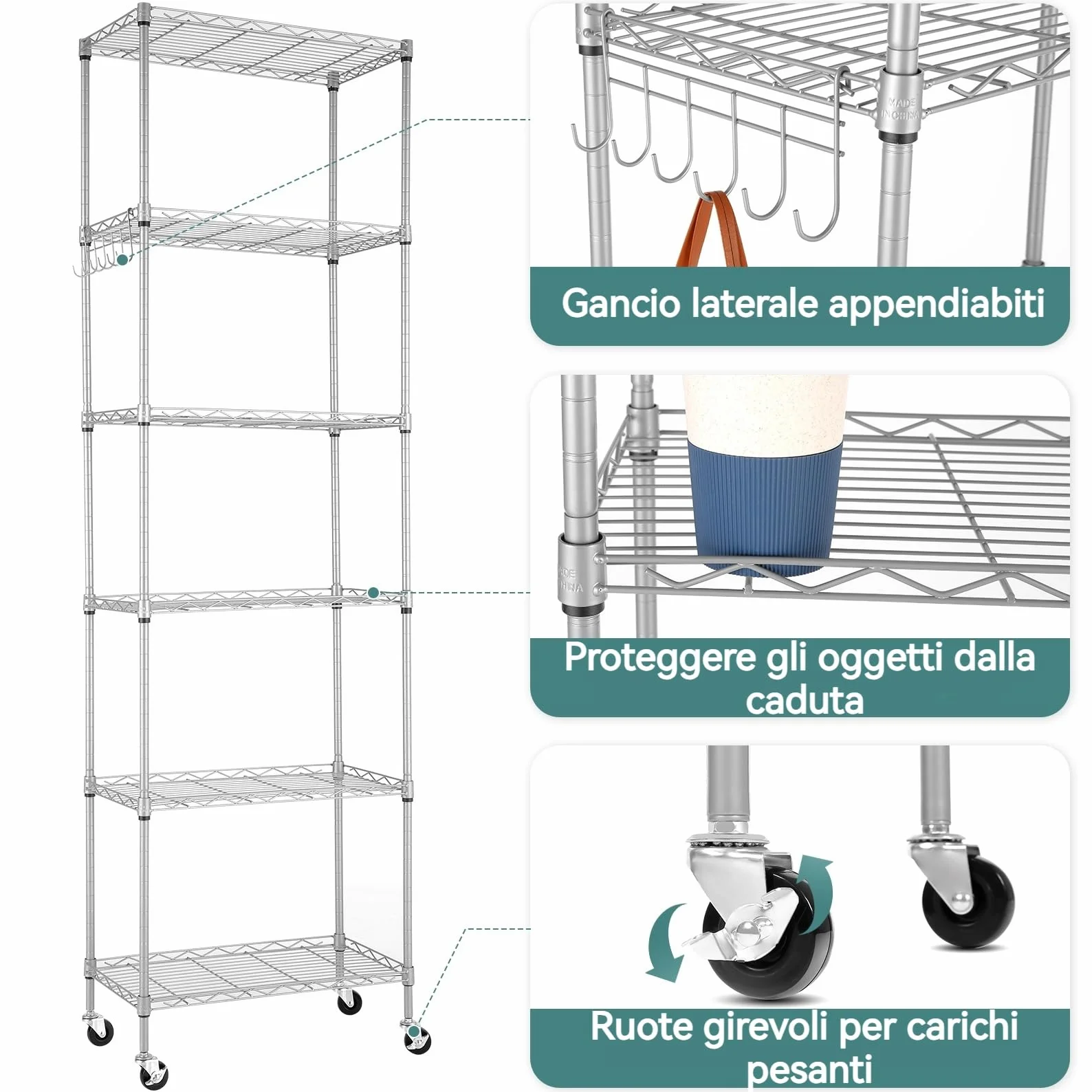 Himimi Scaffale in Filo Metallico a 6 Livelli con Ruote, Regolabile in Altezza, Scaffale in Piedi Resistente con Gancio per Bagno Cucina Garage Camera da Letto Argento