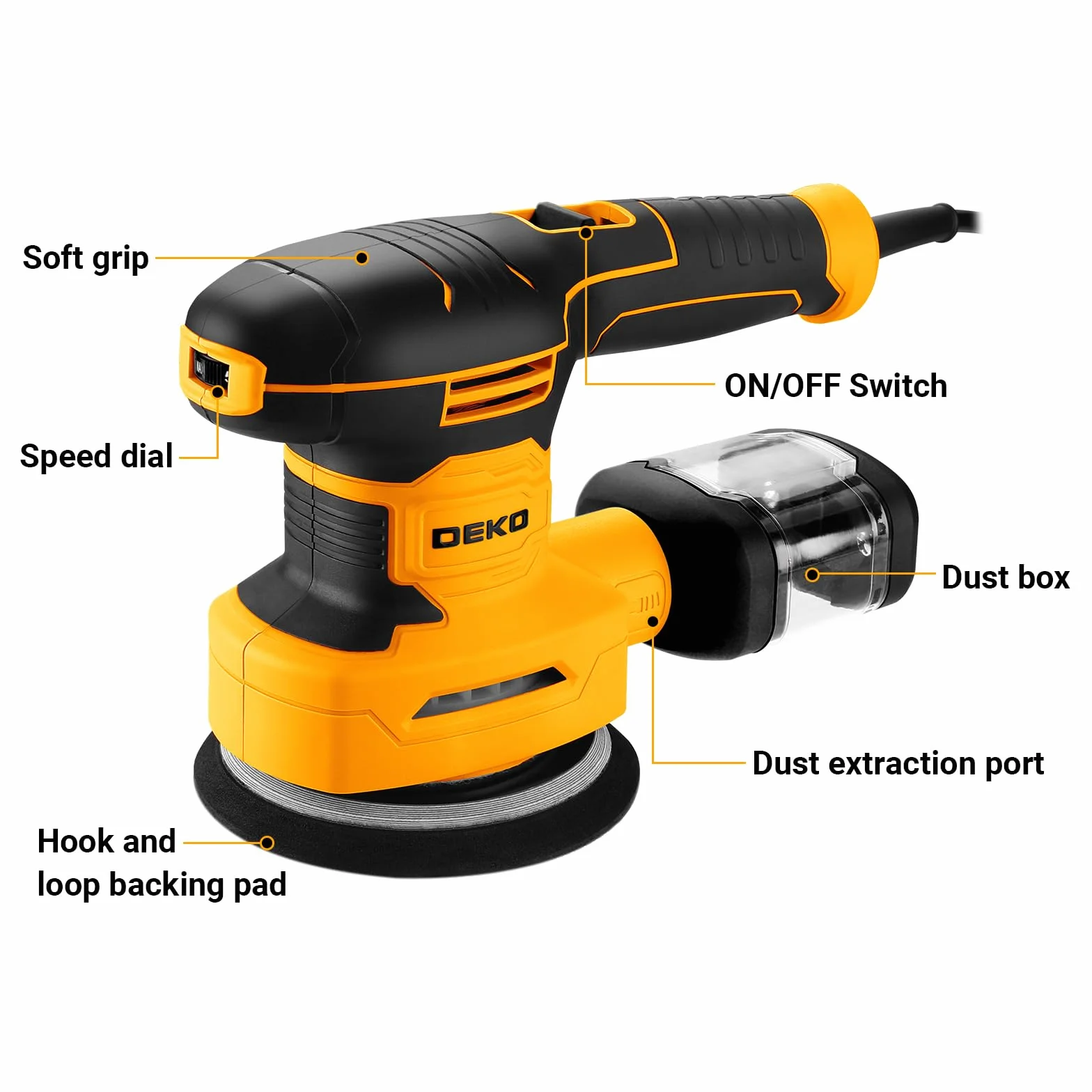 DEKOPRO Levigatrice Orbitale 3-IN-1 300W 13000RPM 6 velocità con accessori