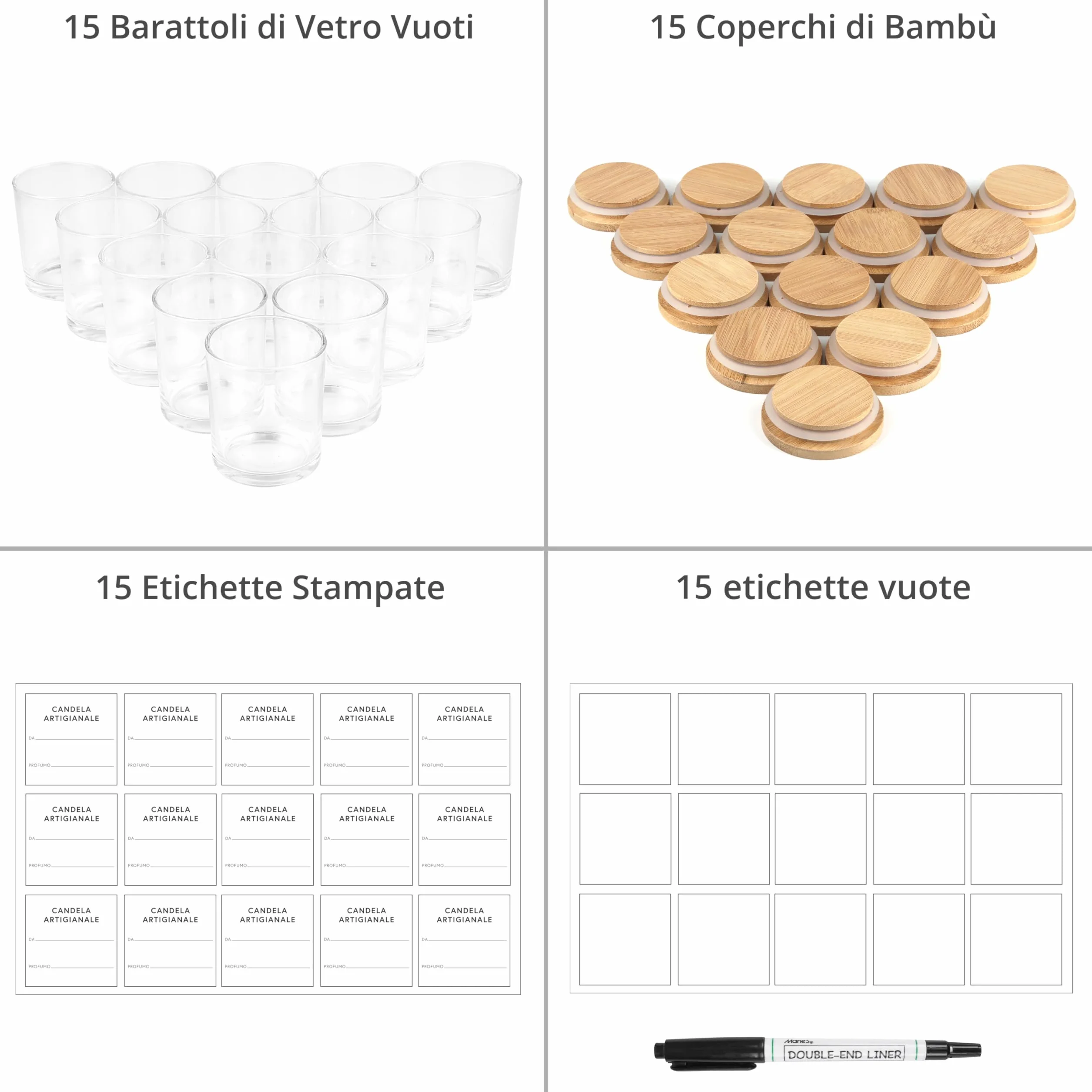 Winter Shore Portacandele Vetro da 170 ml con Coperchi [15 Pezzi] - Porta Candele Vuoti Trasparenti - Barattoli per Candele Fai da Te - Include 15 Etichette Adesive, 15 Etichette Vuote, 1 Penna Nera