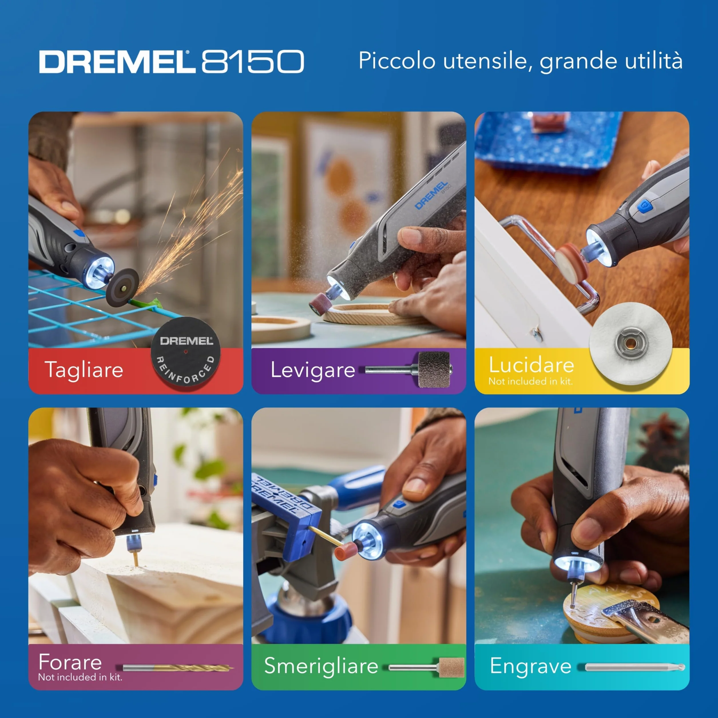 Dremel 8150 Kit utensile rotativo brushless a batteria 7,2 V 2Ah USB-C, 20 accessori, velocità variabile 5.000-30.000 giri/min