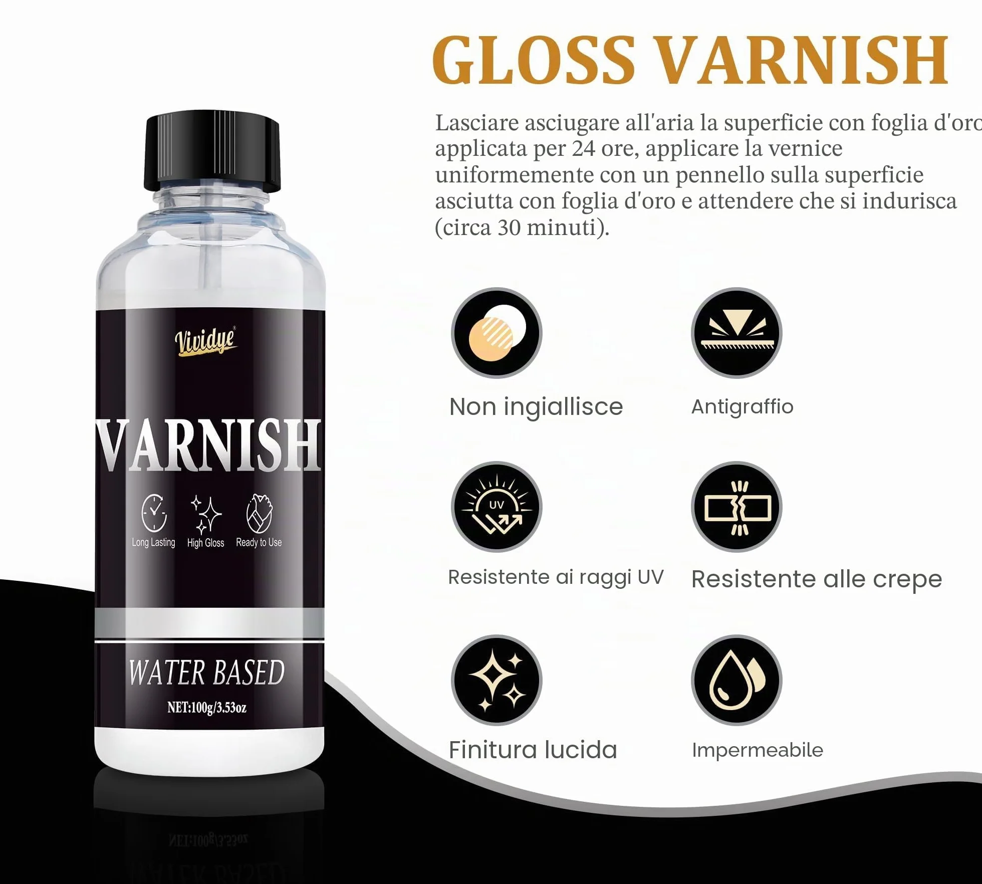 Set Adesivo per Doratura con Foglia Oro - 100ml Colla a Base d'acqua e 100ml Vernice Protettiva, 100 Fogli di Foglia Oro, Kit per Foglia Oro a Rapida Essiccazione per Artigianato, Mobili e Pittura