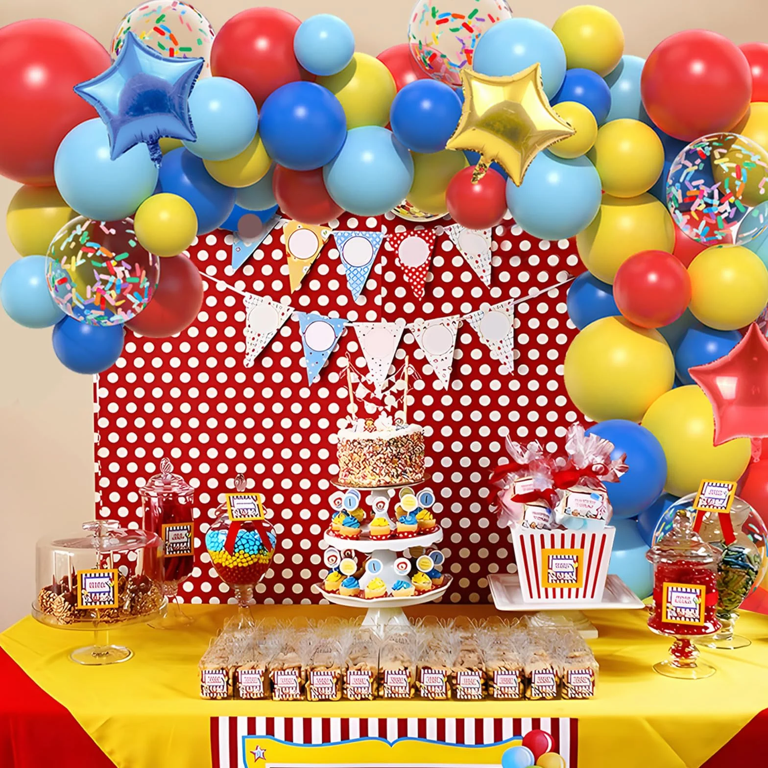 Kit Arco Palloncini Rosso Blu Giallo 106pcs Ghirlanda Palloncini Circo Carnevale con Foil Stella Coriandoli Multicolori