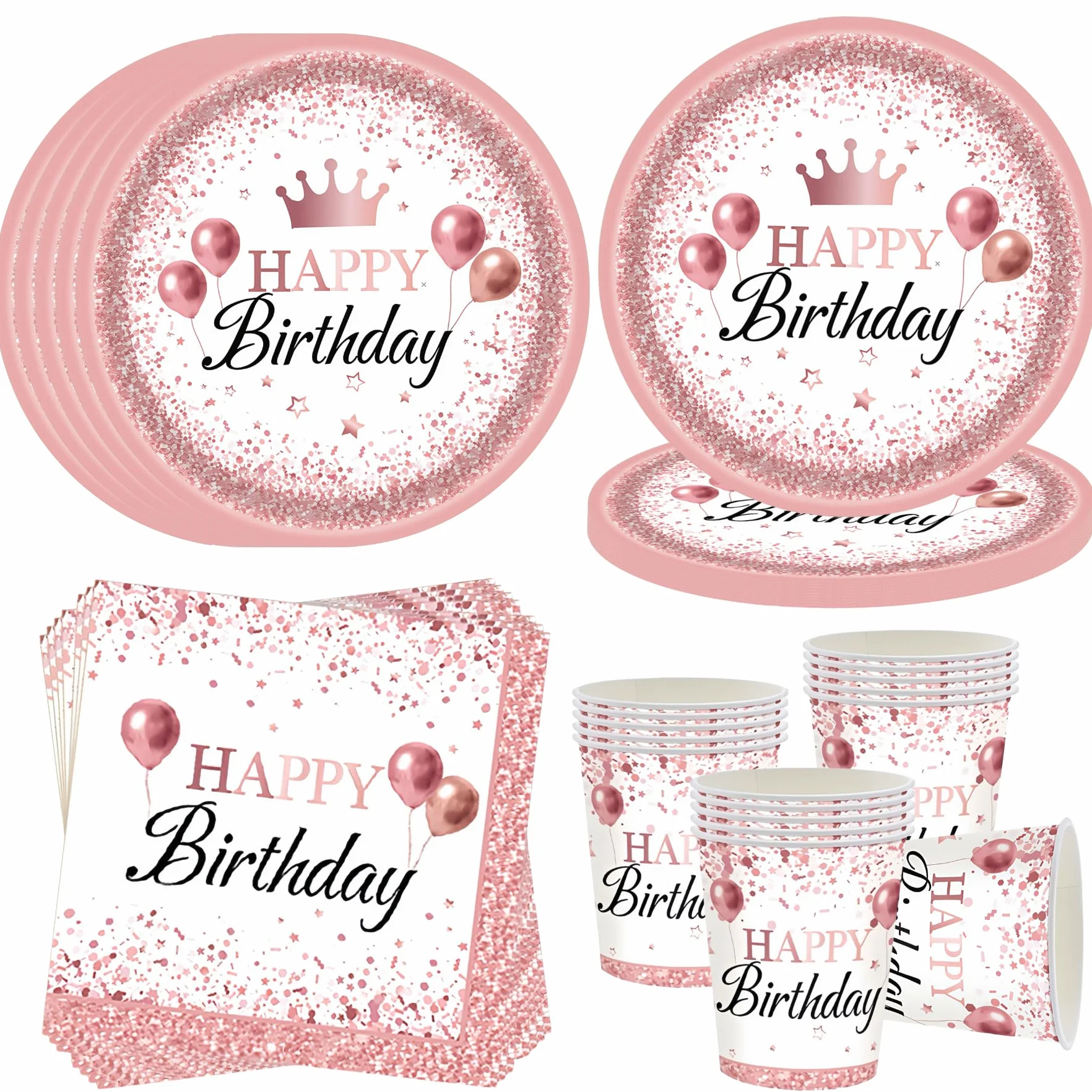 Happy Birthday Set per feste 16 ospiti Oro rosa Piatti bicchieri tovaglioli compleanno