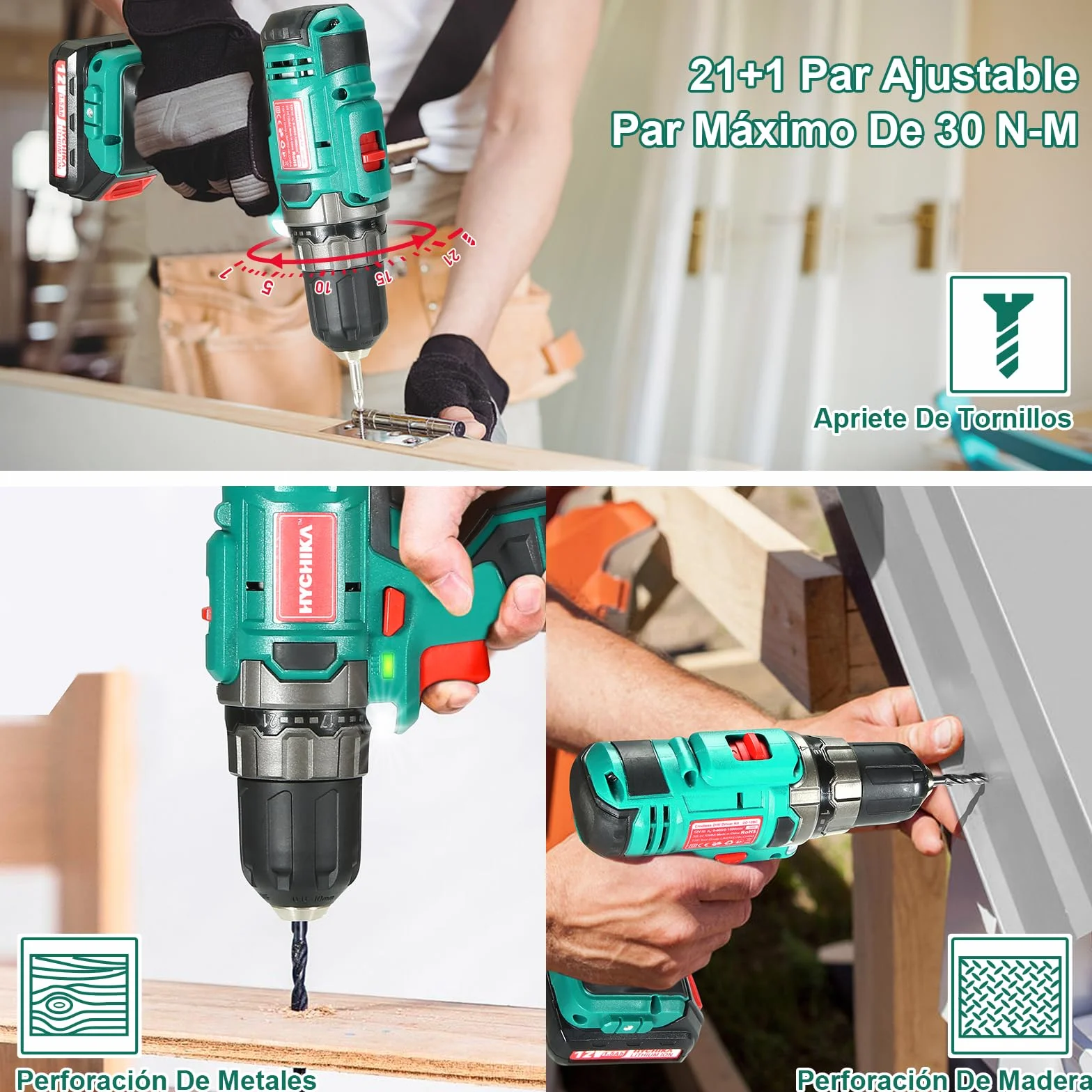 HYCHIKA Trapano Avvitatore Batteria 12V, Avvitatore a Batteria 30 Nm, 21+1 Impostazioni Di Coppia, 2 Velocità Regolabili, 26 Accessori, Luce LED, Adatto per il fai da te in casa e in giardino