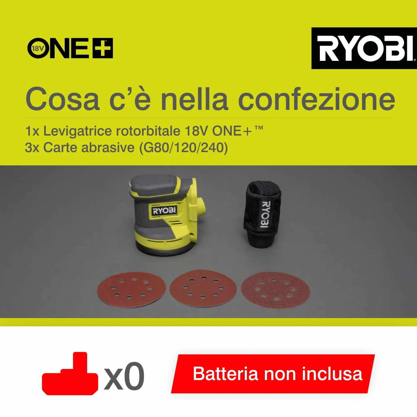 Ryobi Levigatrice Rotorbitale 18V ONE+, Diametro Disco 125mm, Velocità 10.000 Giri/Minuto, Diametro Orbita 2.5mm, 20.000 Oscillazioni al Minuto, Senza Batteria e Caricatore, RROS18-0