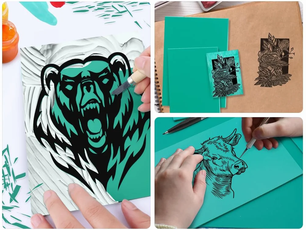 Linoleum Incisione 5PCS Blocchi per Intaglio Timbro Gomma Morbida Stampa, 1 Rullo 1 Ma Lian 3 Utensili da Intaglio (2A4+A5+2A6)