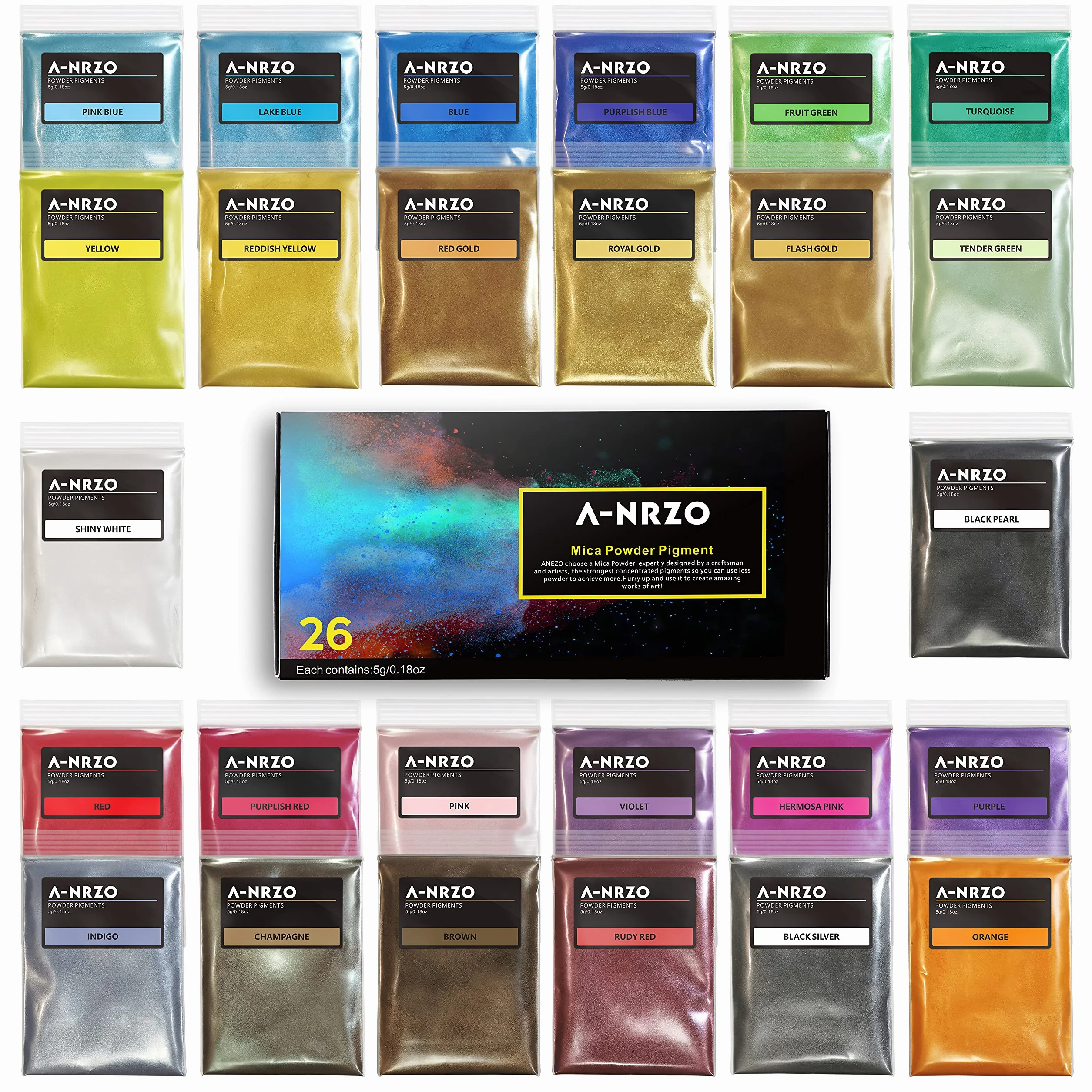 Polvere Di Mica, Pigmento Di Resina Di 26 Colori Pigmento Di Qualità Cosmetica Naturale, Utilizzato In Resina EPoxy, Coloranti Di Sapone, Produzione Di Candele, Lucido Labbra 0,18Oz/5g
