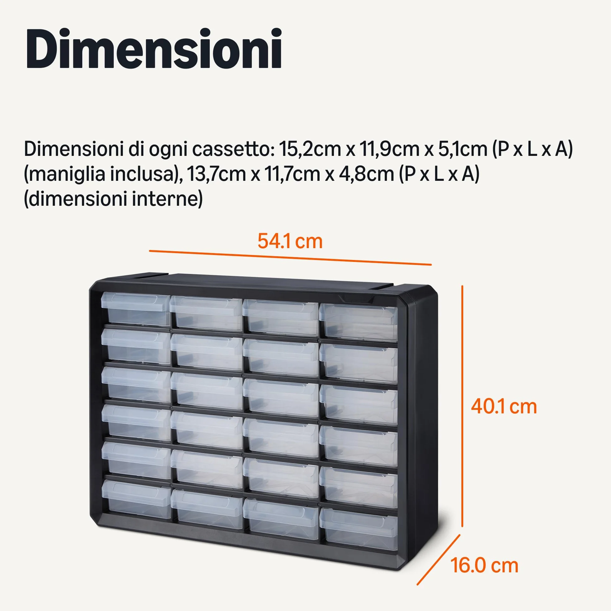Amazon Basics Cassettiera Portaminuteria, Organizzatore in Plastica 24 Cassetti con Divisori per Ufficio/Attrezzi/Minuteria, Montabile a Parete, 16 x 54,1 x 40,1 cm, Nero