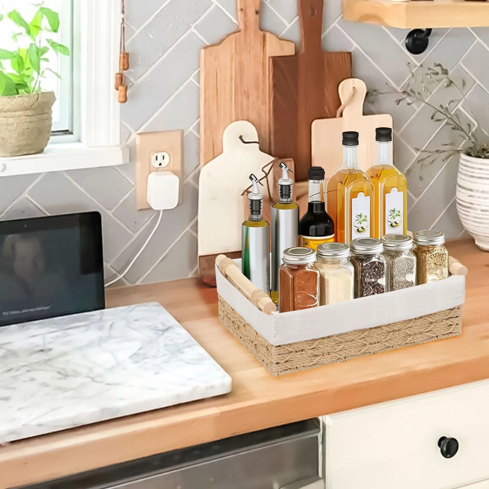 GAESHOW 2 cestini portaoggetti intrecciati, organizer per scaffali, cesti decorativi per bagno, cucina, casa, scrivania (beige)