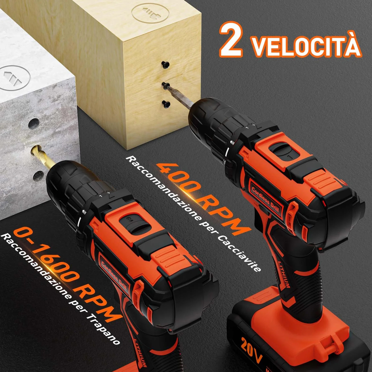 Trapano Avvitatore a Batteria 20V, 2 Batterie 2.0Ah, Max 42Nm, 25+1 Impostazione Coppia, LED Luce, 2 Velocità, 24 Accessori, 10mm Mandrino Autoserrante, per Riparazione, Fai da te