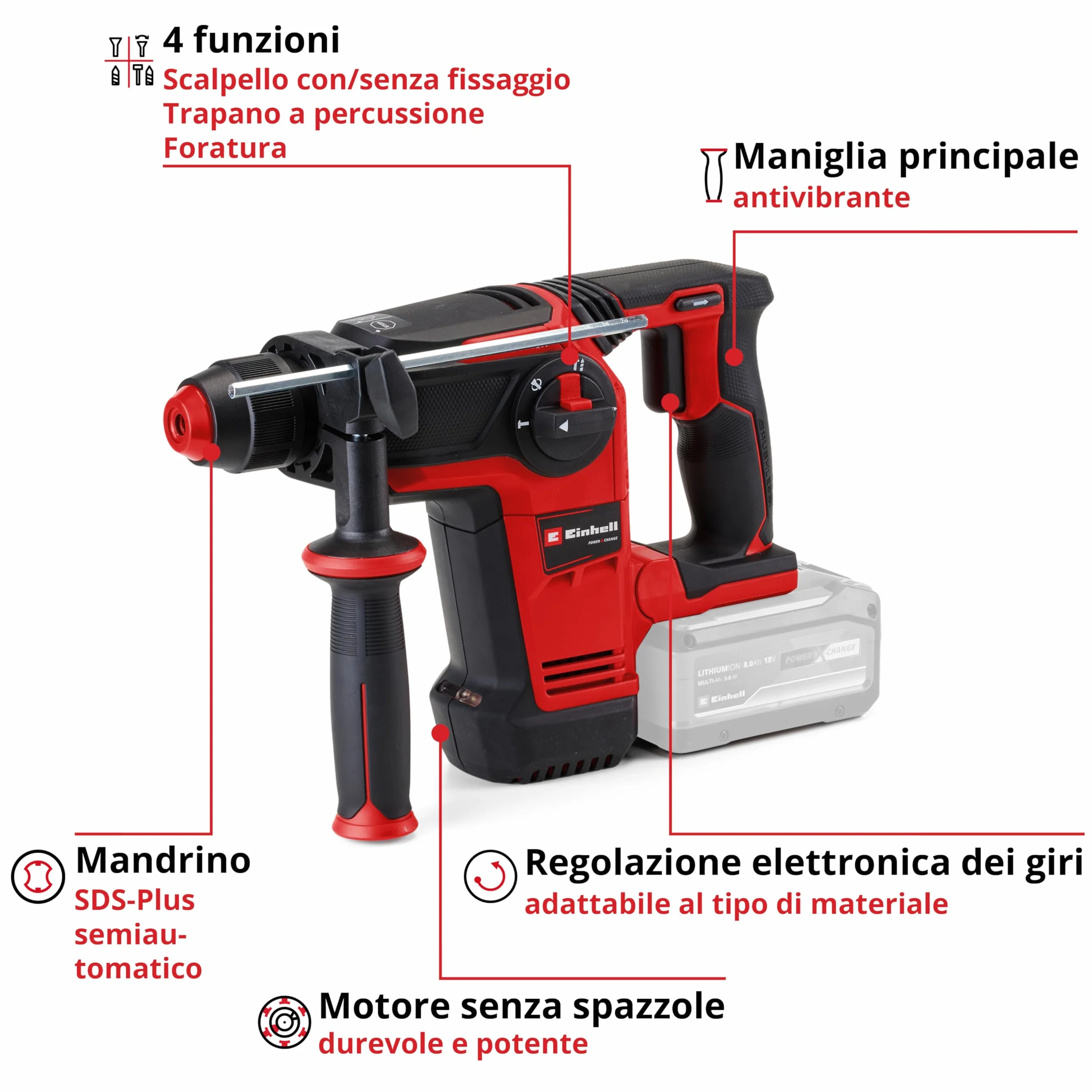 Einhell Professional Tassellatore a batteria TP-HD 18/26 Li BL-Solo Power X-Change (18 V, brushless, 2,6 J, SDS-plus, percussione pneumatica, 4 funzioni, valigetta, senza batteria)