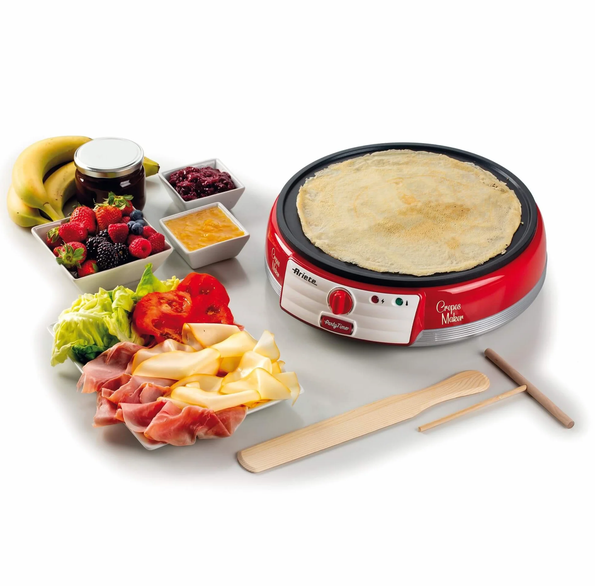 Ariete Crepes Maker Party Time 202, Crepiera Elettrica con Piastra Antiaderente, Piastra Elettrica per Crepes con Spatole e Stendi Impasto Incluse, 1000W, Rosso