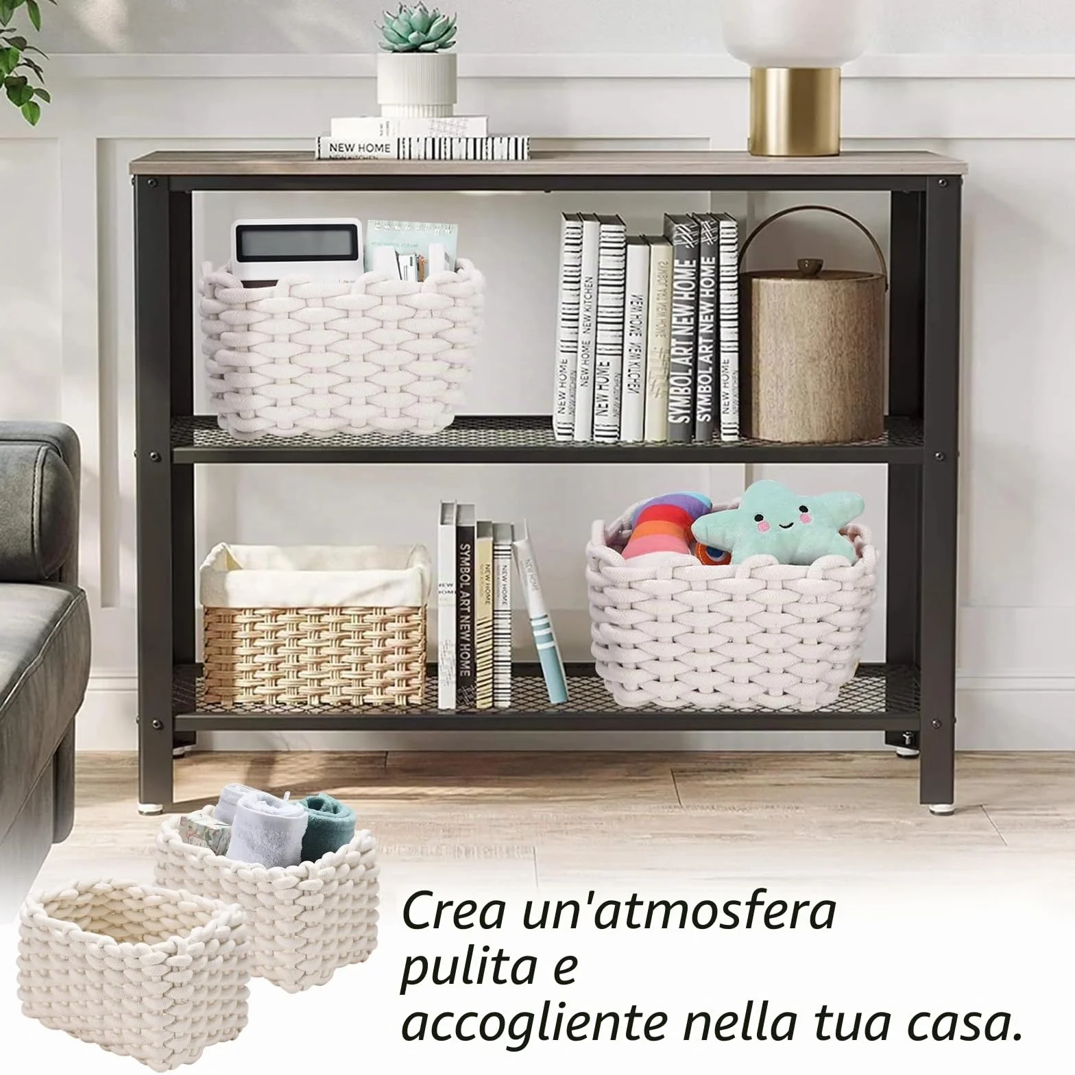 Cestini Portaoggetti in Corda di Cotone Intrecciato 19x15x12cm 2 Pezzi Bianco