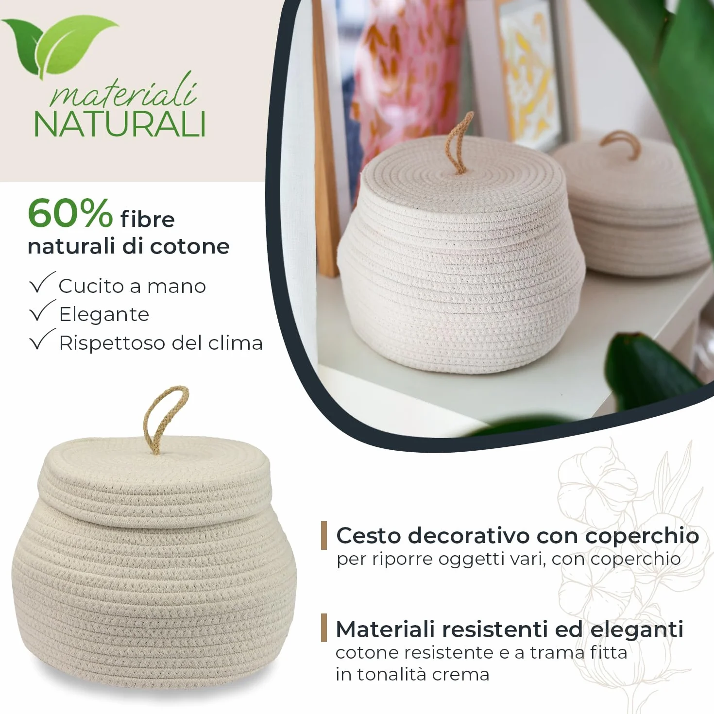 HMF Cesto portaoggetti rotondo per il bagno, con coperchio in cotone, altezza 25,5 x 19 cm, colore crema
