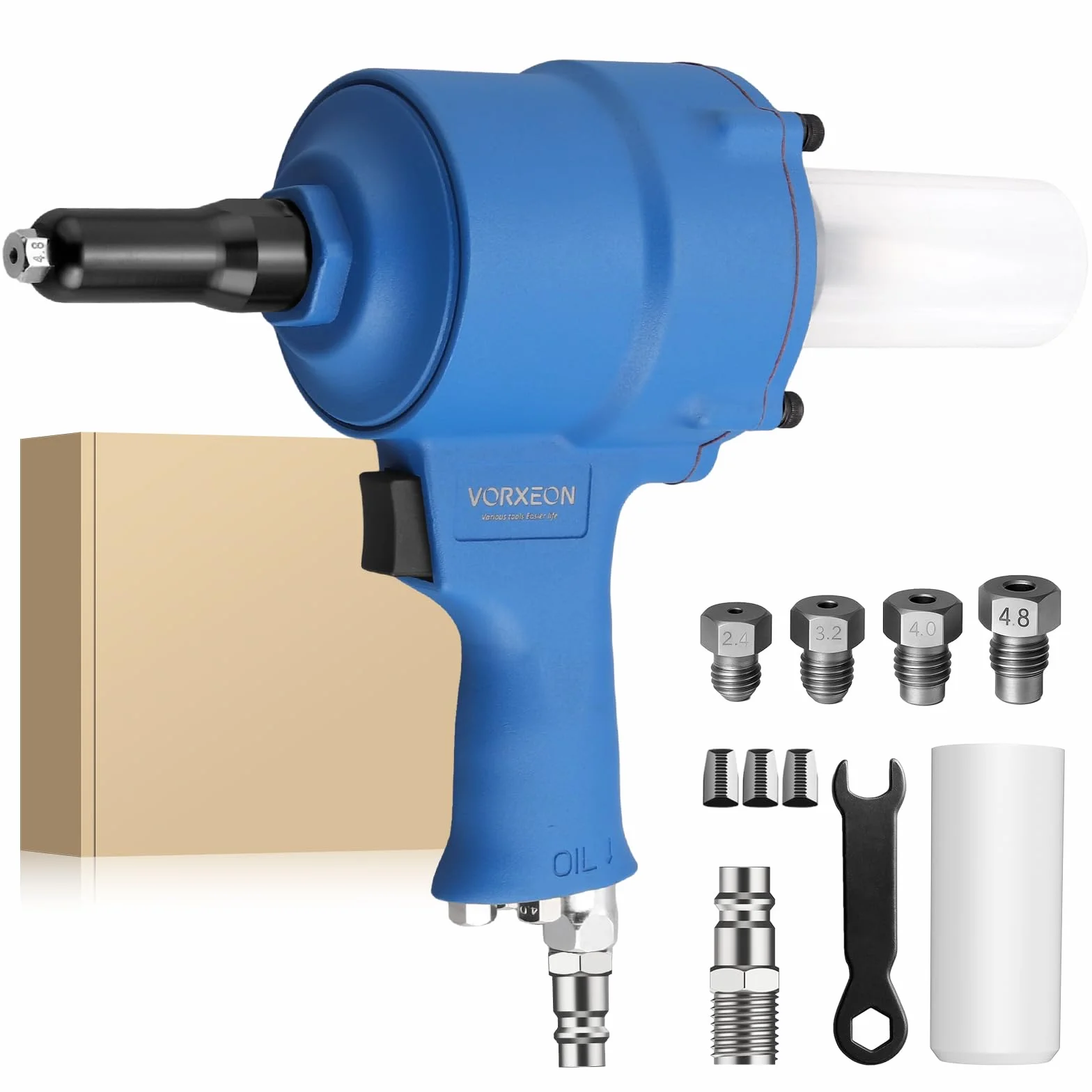 Set Rivettatrice Pneumatica Autoaspiranti, Forza di Trazione 1000KGF Con 4 Bocchette (2,4 mm, 3,2 mm, 4,0 mm, 4,8 mm) Pistola Rivettatrice ad Aria Compressa per Uso Domestico