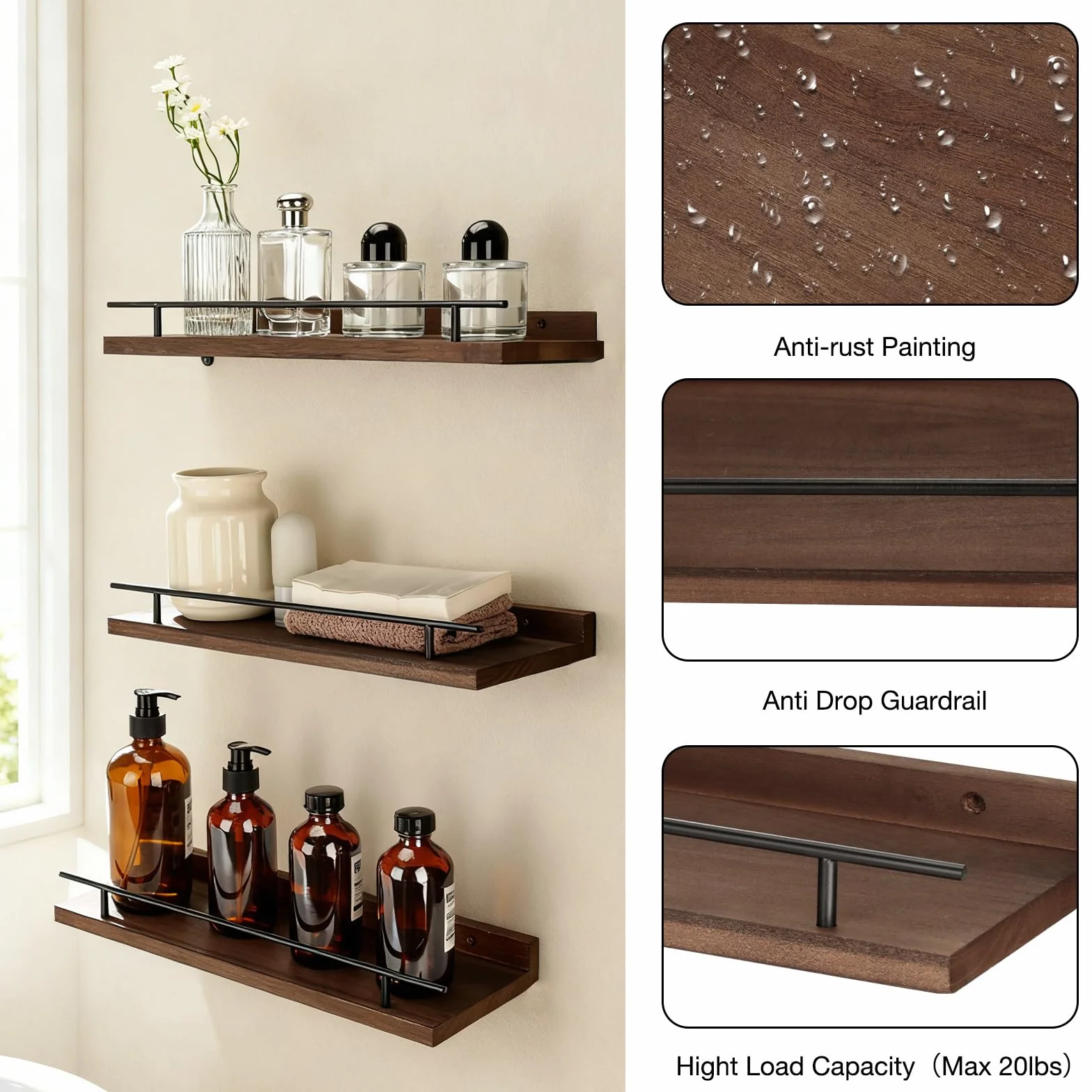 VINATO Set di 3 Mensole da Muro 40x15x4.5CM per Cucina Soggiorno Ufficio e Camera da Letto, Mensole in Legno, Marrone