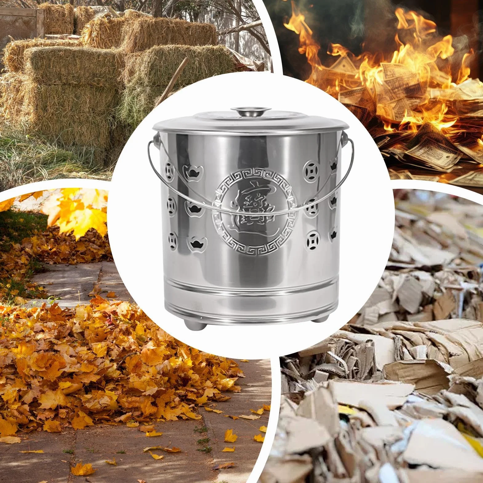 Bidone di carta – Gabbia portatile in acciaio inox con coperchio, gancio antincendio e rivestimento di sicurezza, focolare per cortile, giardino, terrazza, campeggio e