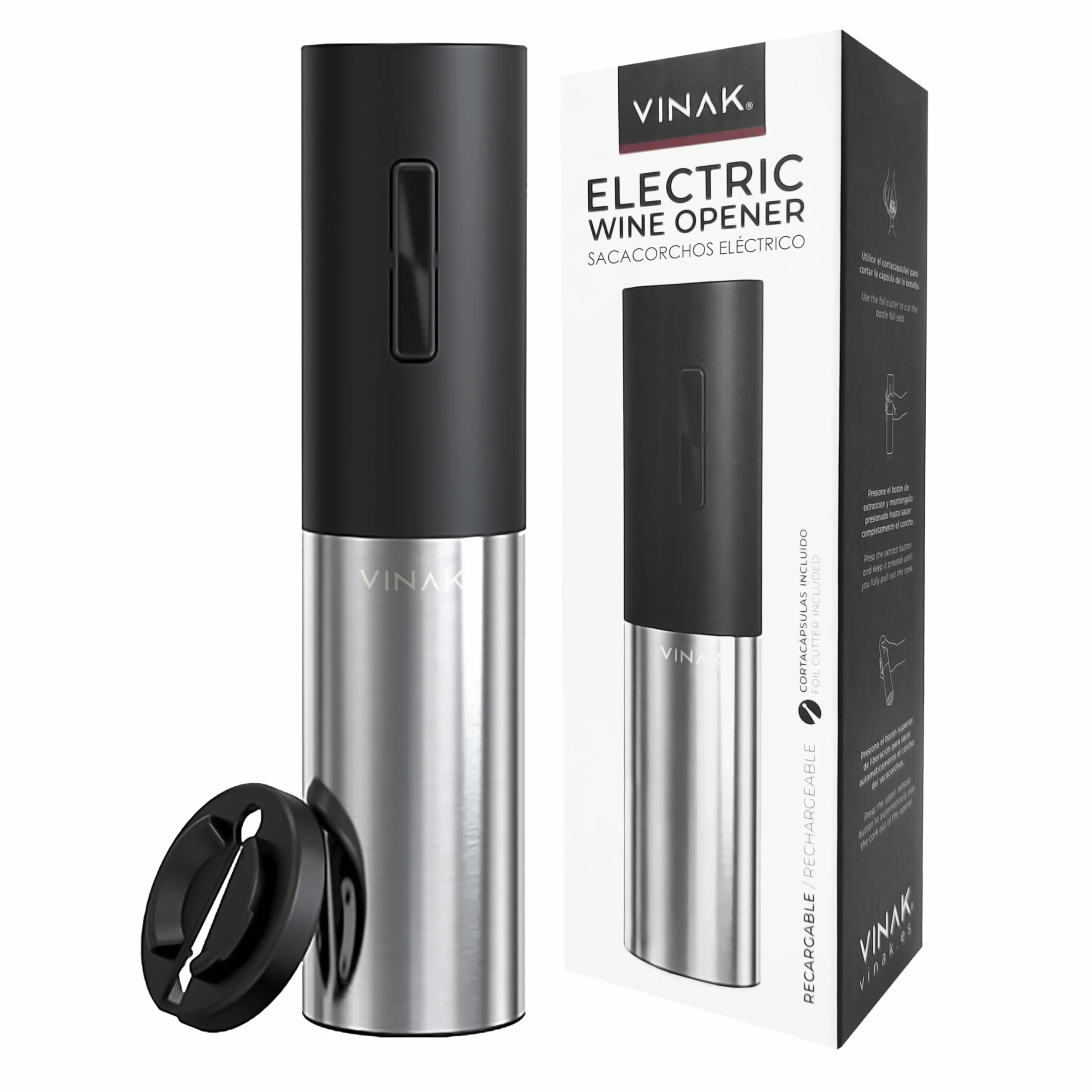 VINAK - Cavatappi elettrico ricaricabile in acciaio inox incluso batteria ricaricabile integrata + cavo USB C + tagliacapsule + spirale teflonata | Design moderno | Apribottiglie senza sforzo