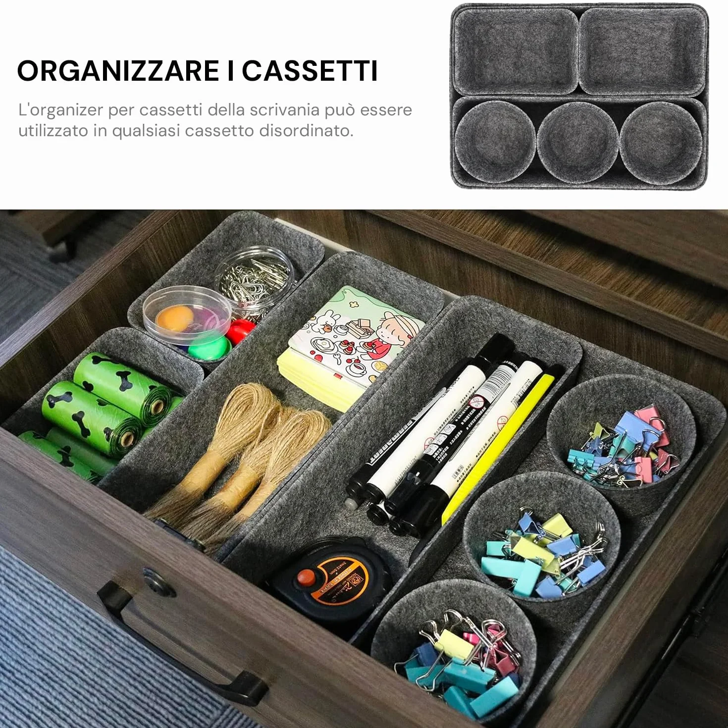Wintem 8 Contenitori Portaoggetti in Feltro Grigio - Set Organizer Diverse Forme e Misure Ideali per Scrivania, Armadi e Cassetti - Ottimo per Ordinare non Solo l'Abbigliamento ma Anche Utensili