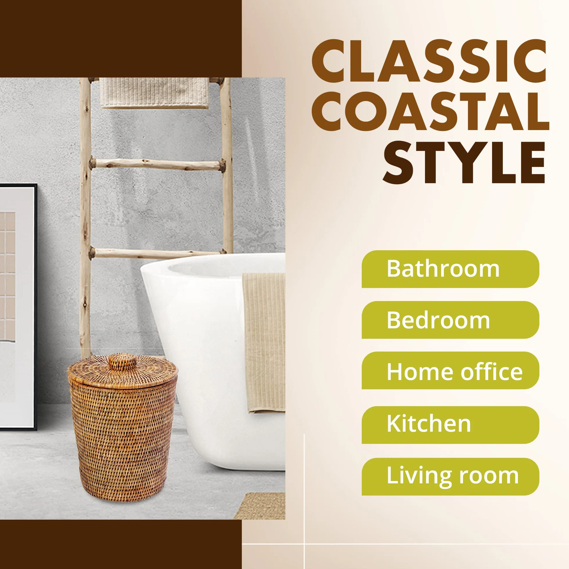 Kouboo La Jolla - Cestino rotondo in rattan con inserto e coperchio in plastica, colore: Marrone miele