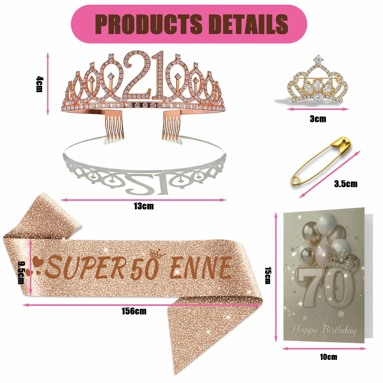 NEONSKY Fascia Compleanno Donna con Corona e Spilla Mini Corona, Set Regalo Elegante per 18 21 30 40 50 60 70 80 Anni, Include Fascia Personalizzata, Corona, Biglietto con Busta Kraft (50 anni)