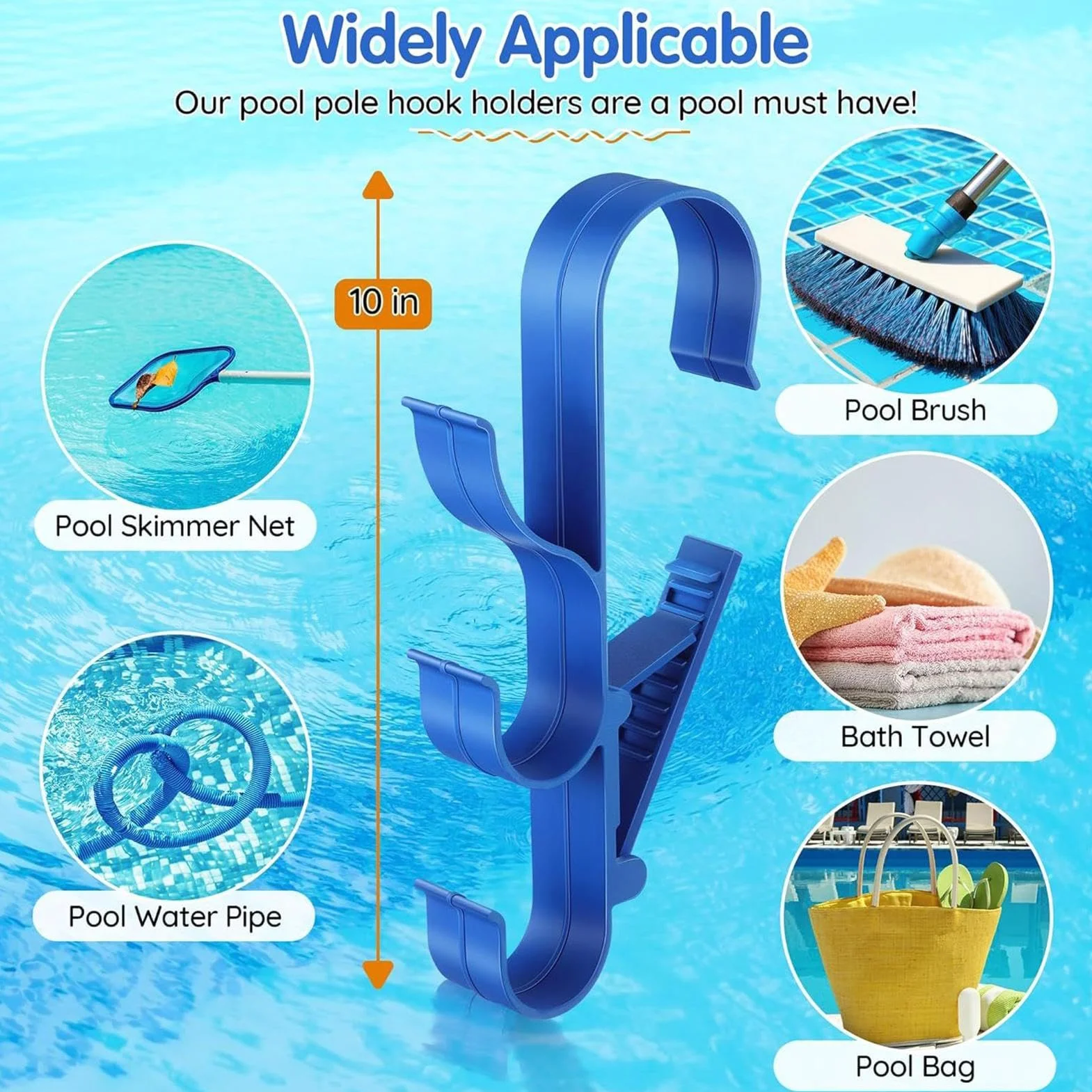Ganci per piscina, portaoggetti per piscine, 30,5 x 13,5 x 3,5 cm, supporto resistente con set da 2 pezzi e clip per gancio a bordo piscina, uso esterno per foglie, rastrelli, reti, asciugamani