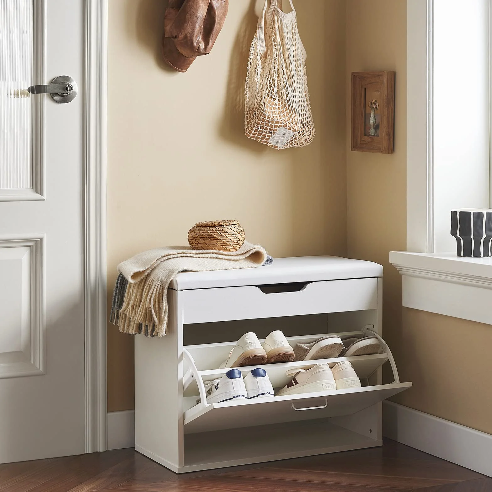 SoBuy Scarpiera Salvaspazio Slim Ingresso– Panca Scarpiera da Ingresso con Contenitore Nascosto – Cassapanca Pieghevole per Corridoio o Camera da Letto – Bianco 60x30x50cm 120kg – FSR95-W