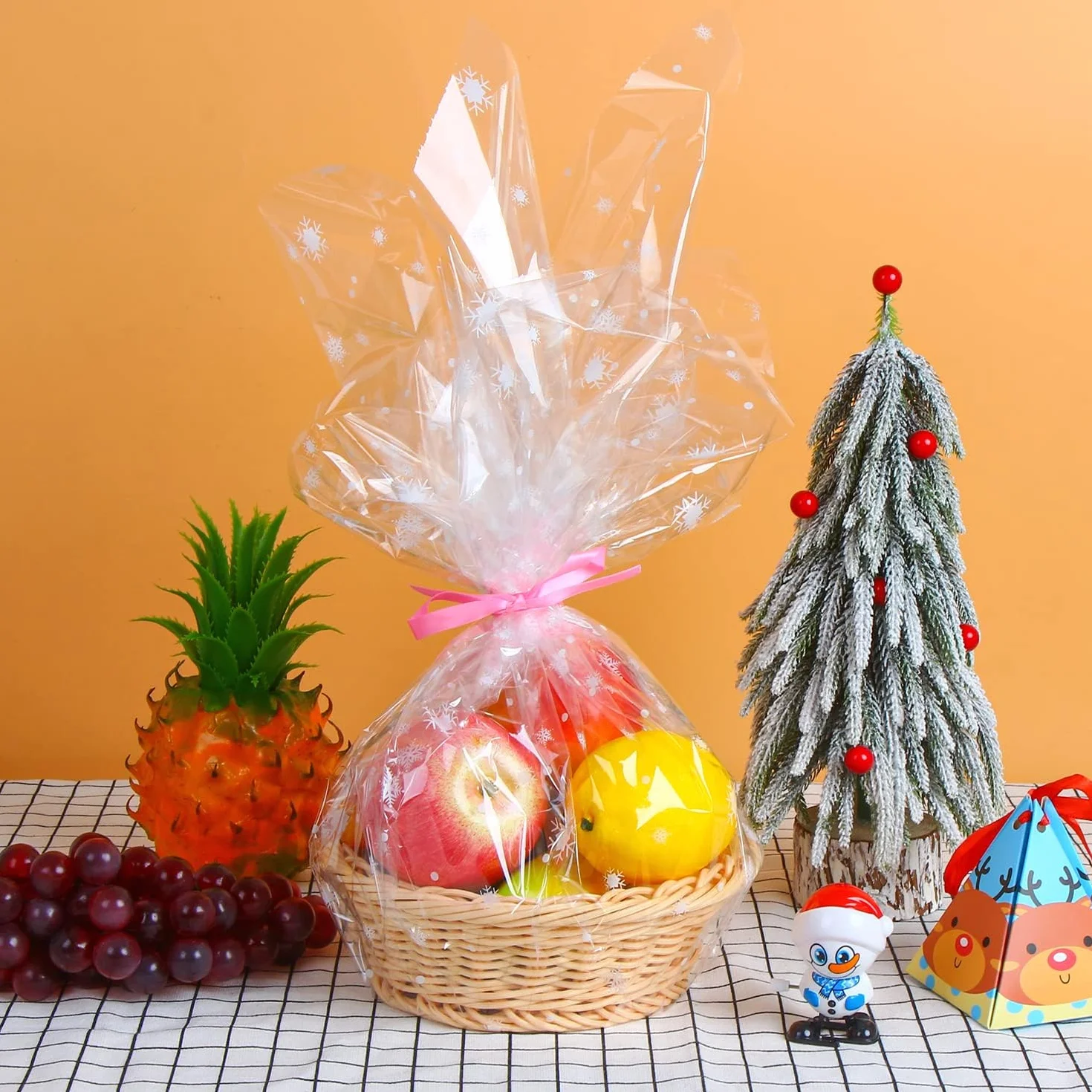 SULOLI Carta Trasparente per Confezioni,80 cm x 30 m Cellophane Trasparenti,Rotolo Carta Regalo Fiocchi di Neve per Cesti,Imballaggio di Natale