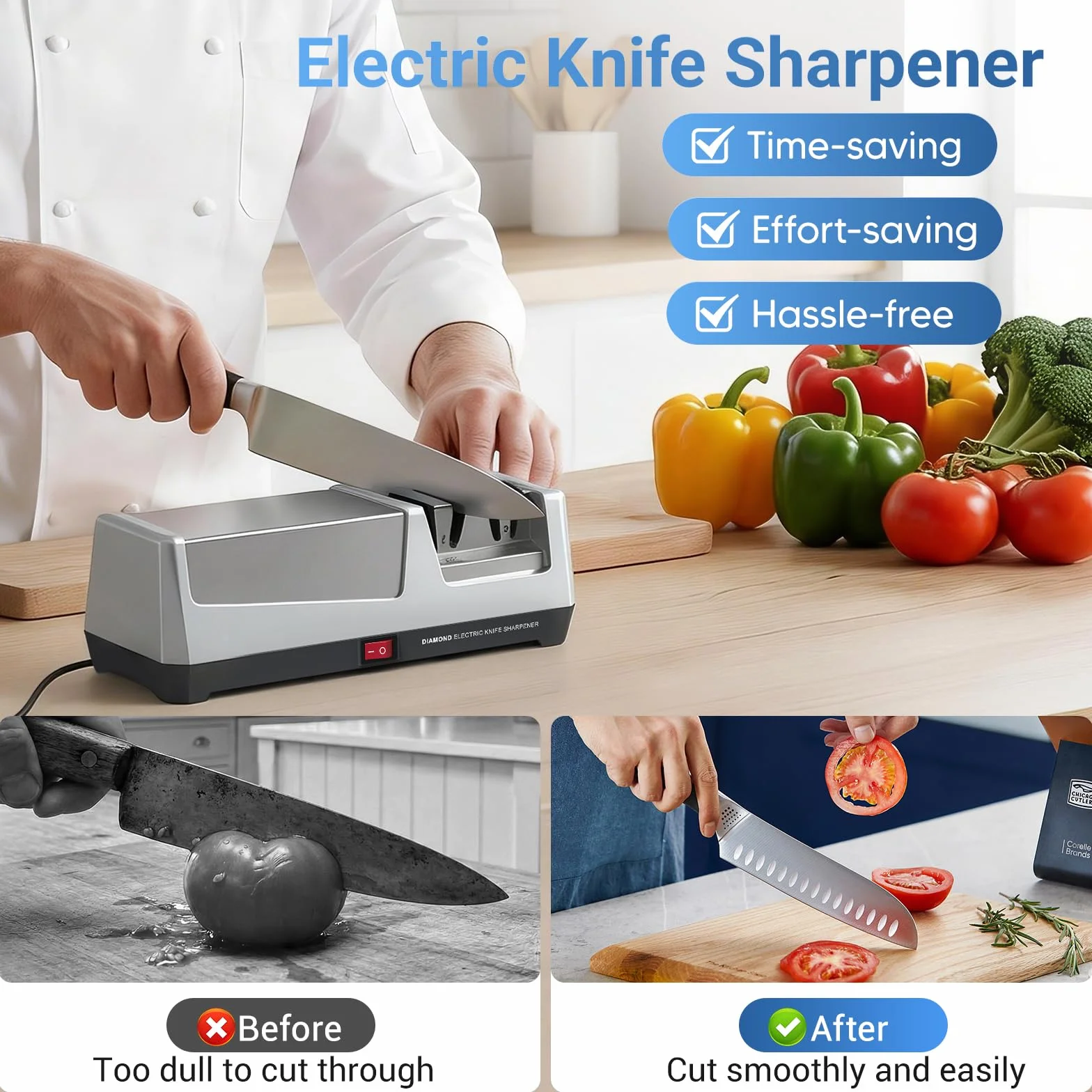 Affilacoltelli Elettrico Professionale con 2 Livelli, Dischi Diamantati, Protezione contro il Surriscaldamento, Motore Silenzioso, Affilatura Elettrica Rapida per Coltelli da Cucina