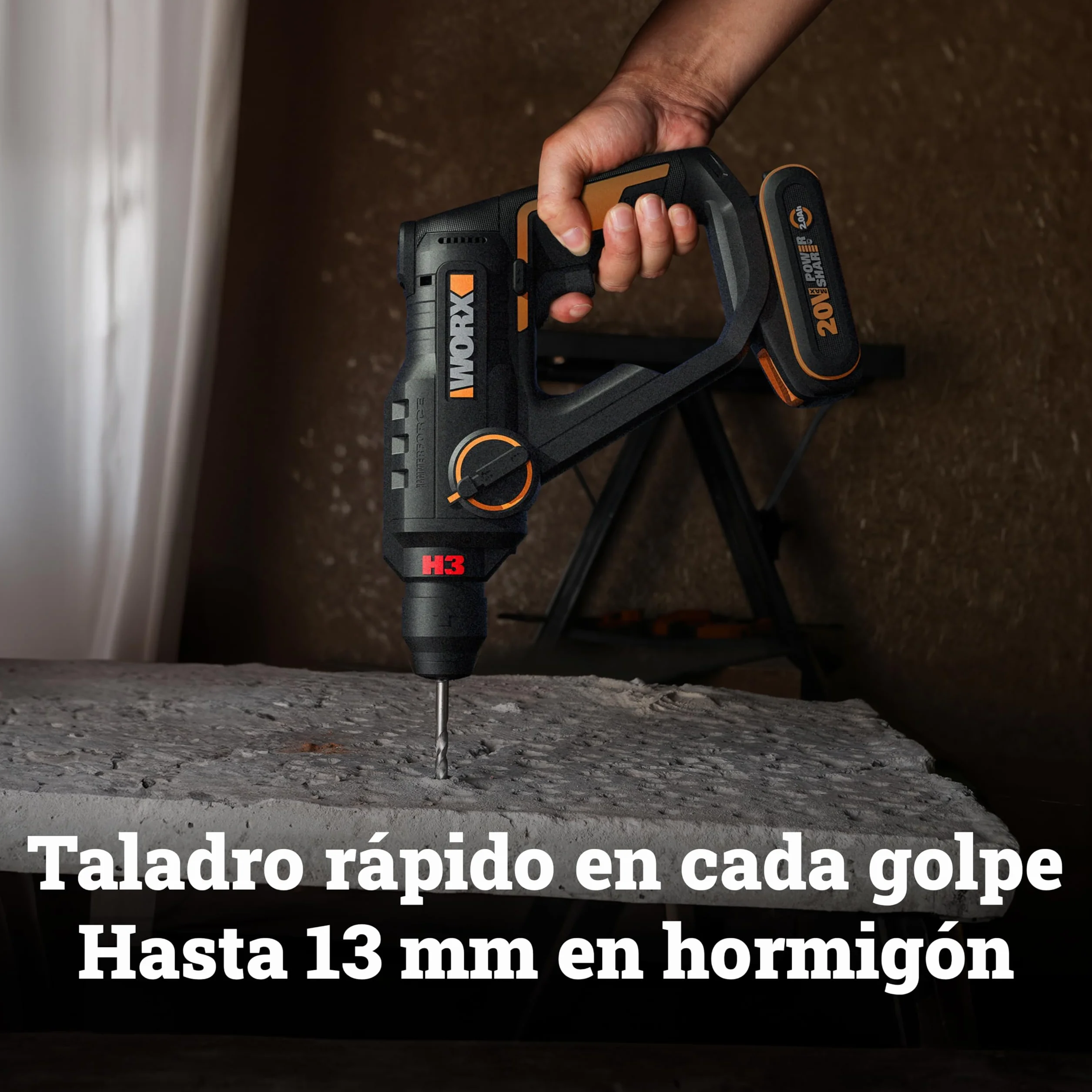 WORX Martello perforatore senza fili 20 V 1,2 J WX391, foratura rapida in calcestruzzo, 3 funzioni in 1, fornito con 10 punte per calcestruzzo, legno e metallo, batteria 2 Ah e caricatore rapido 2 A