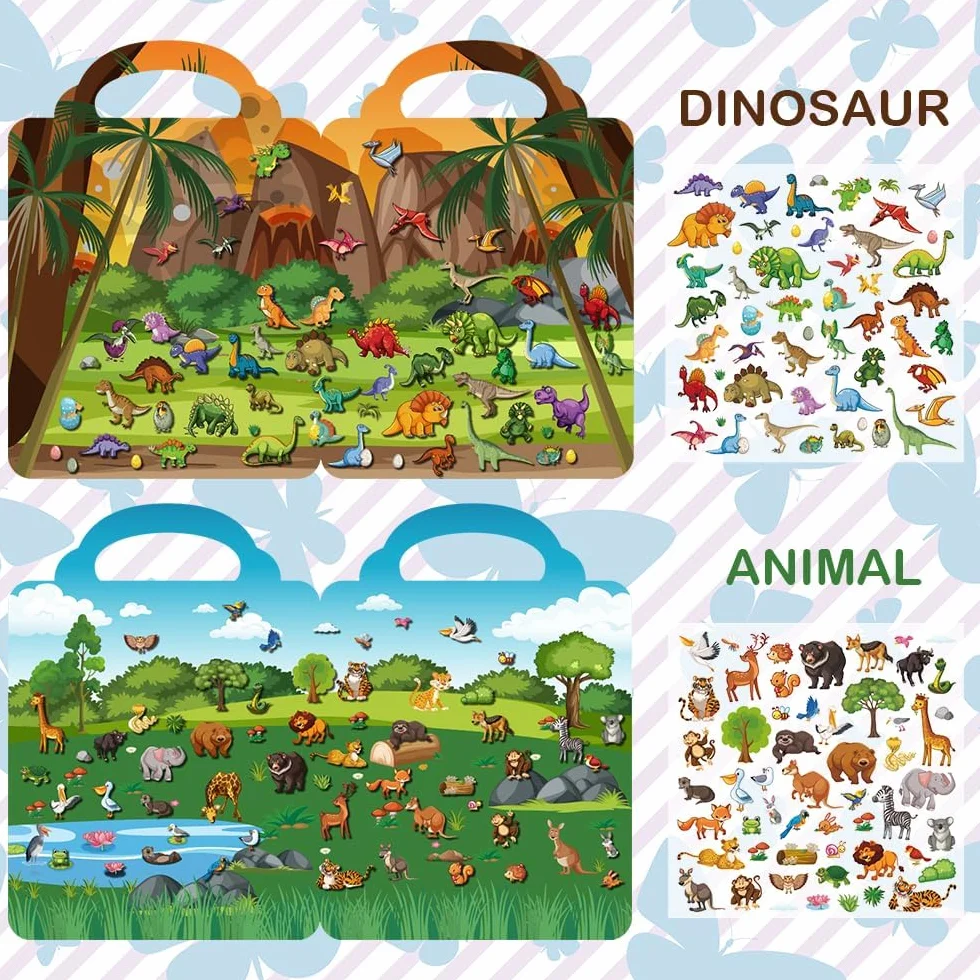 Libro adesivo riutilizzabile Farma+ per bambini 1-4 anni: 6 set di adesivi gonfiati - animale, dinosauro, mondo marino, spazio, veicolo